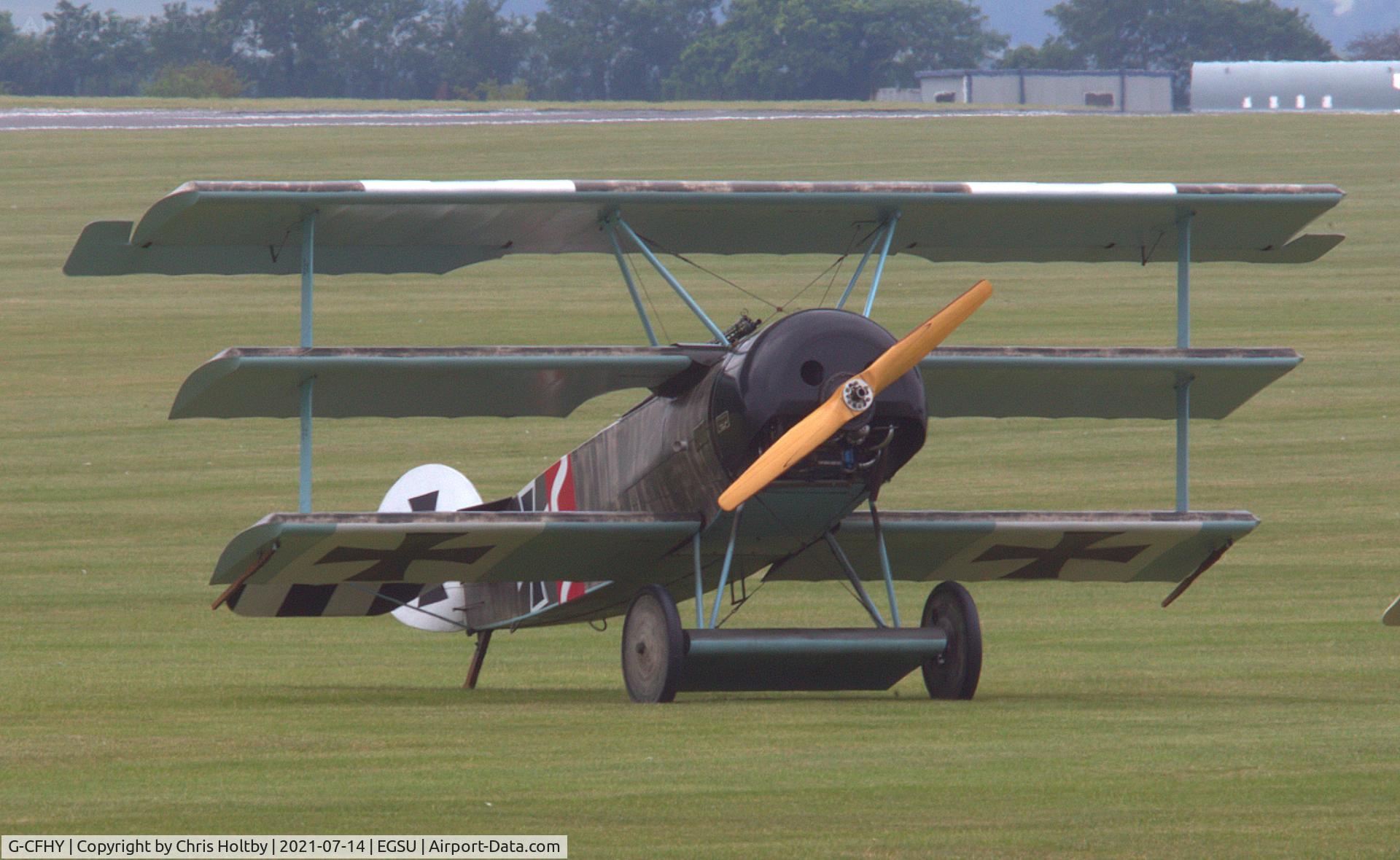 G-CFHY, 2010 Fokker Dr.1 Triplane Replica C/N PFA 238-14408, At Duxford being prepared to practice WW1 dogfight simulations over the airfield as part of the 'Great War Display Team'