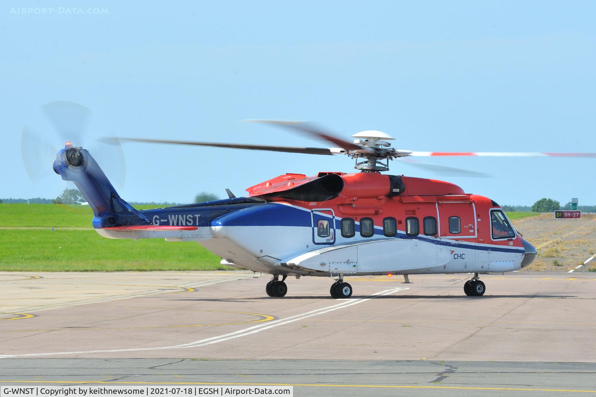 G-WNST, 2013 Sikorsky S-92A C/N 920216, Leaving Norwich for Aberdeen.