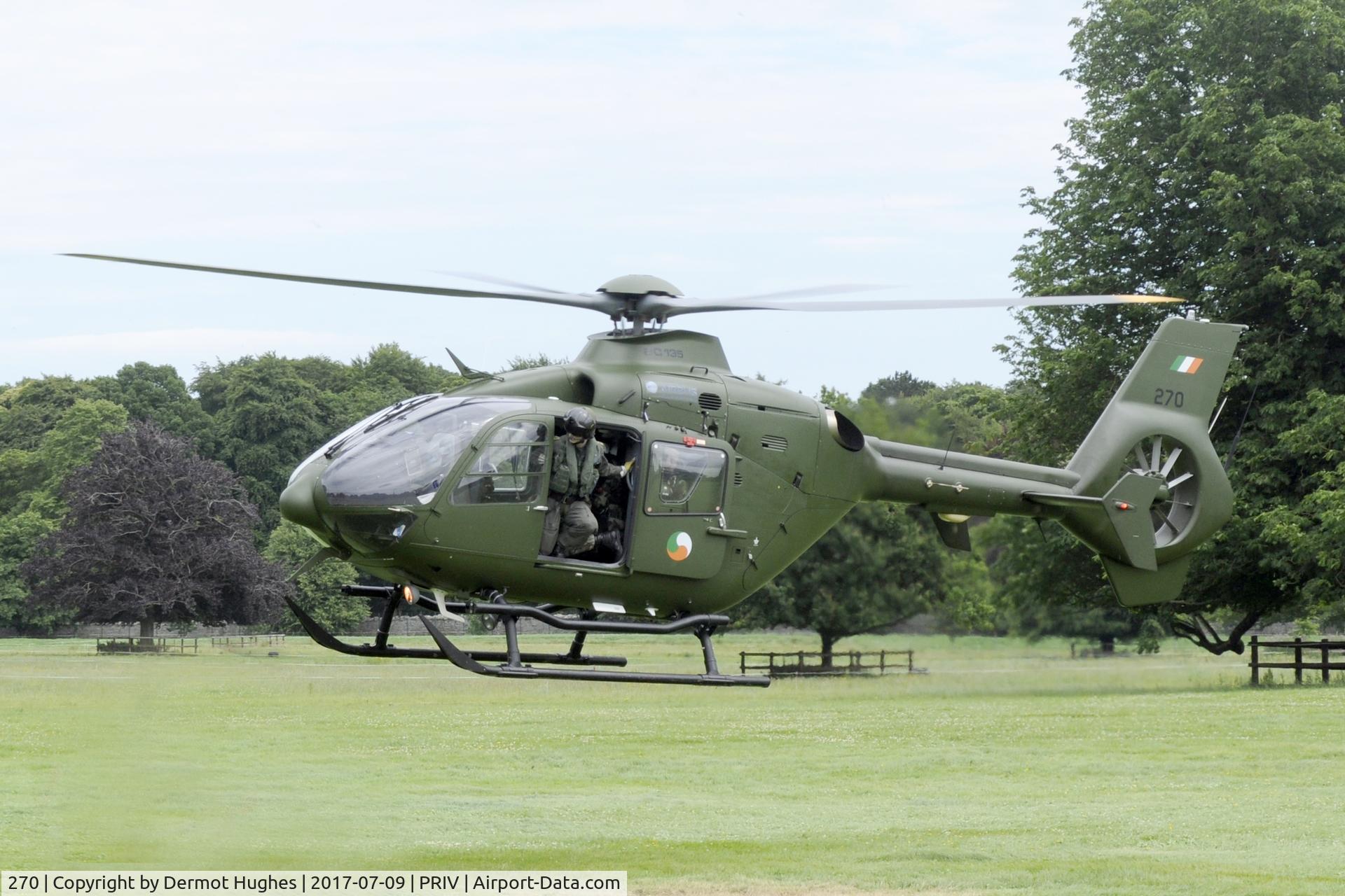 270, Eurocopter EC-135P-2+ C/N 0425, 270 was photographed just after takeoff with parachute display team at Armed Forces Open Day, Farmleigh House, Dublin.