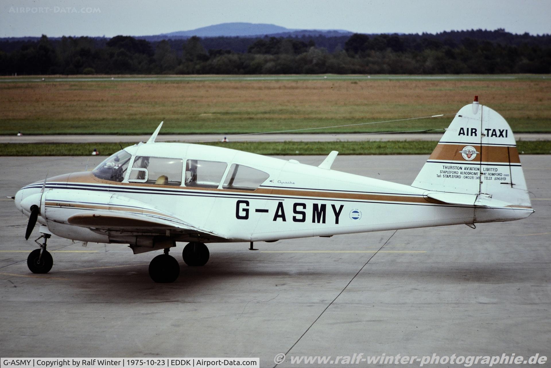 G-ASMY, 1962 Piper PA-23-160 Apache C/N 23-2032, Piper PA-23-160 Apache H - Thursten Aviation - 23-2032 - G-ASMY - 10.1975 - CGN