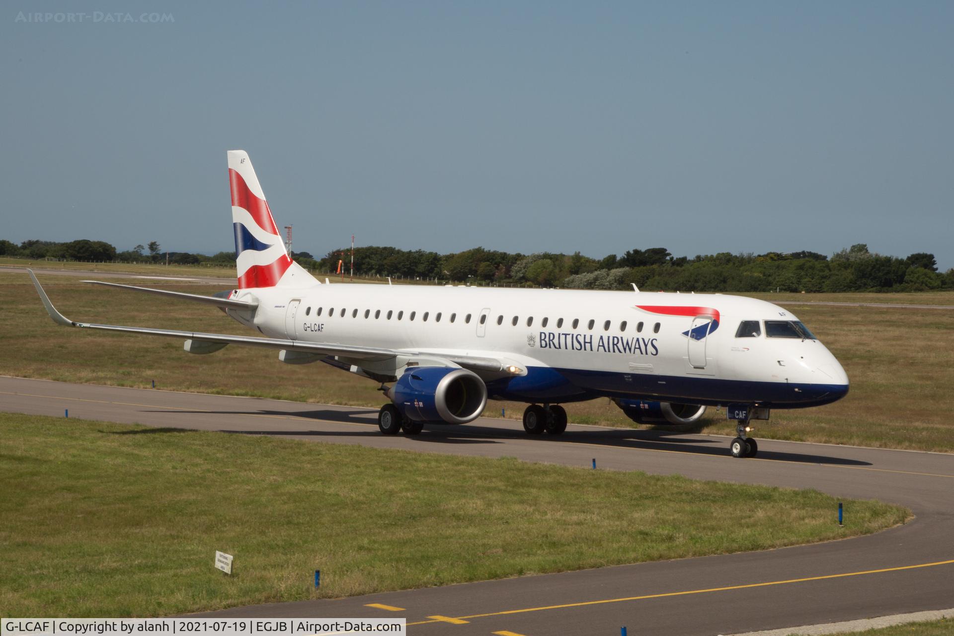 G-LCAF, 2012 Embraer 190LR (ERJ-190-100LR) C/N 19000548, Taxying to stand at Guernsey