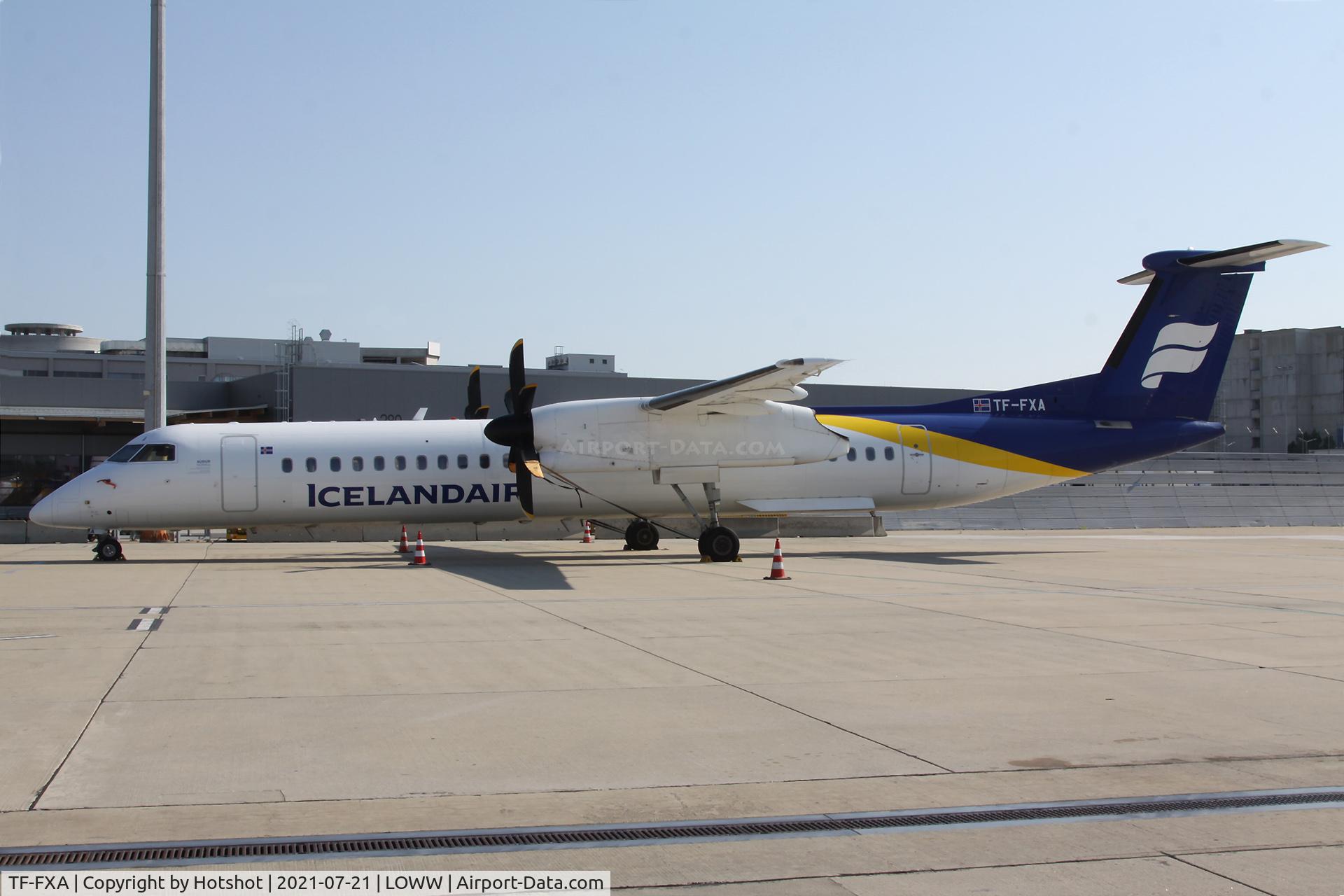 TF-FXA, 2001 Bombardier DHC-8-402 Q400 Dash 8 C/N 4022, Rare visitor; brought an Islandic soccer team for conference  league qualification against Austria Vienna soccer team.