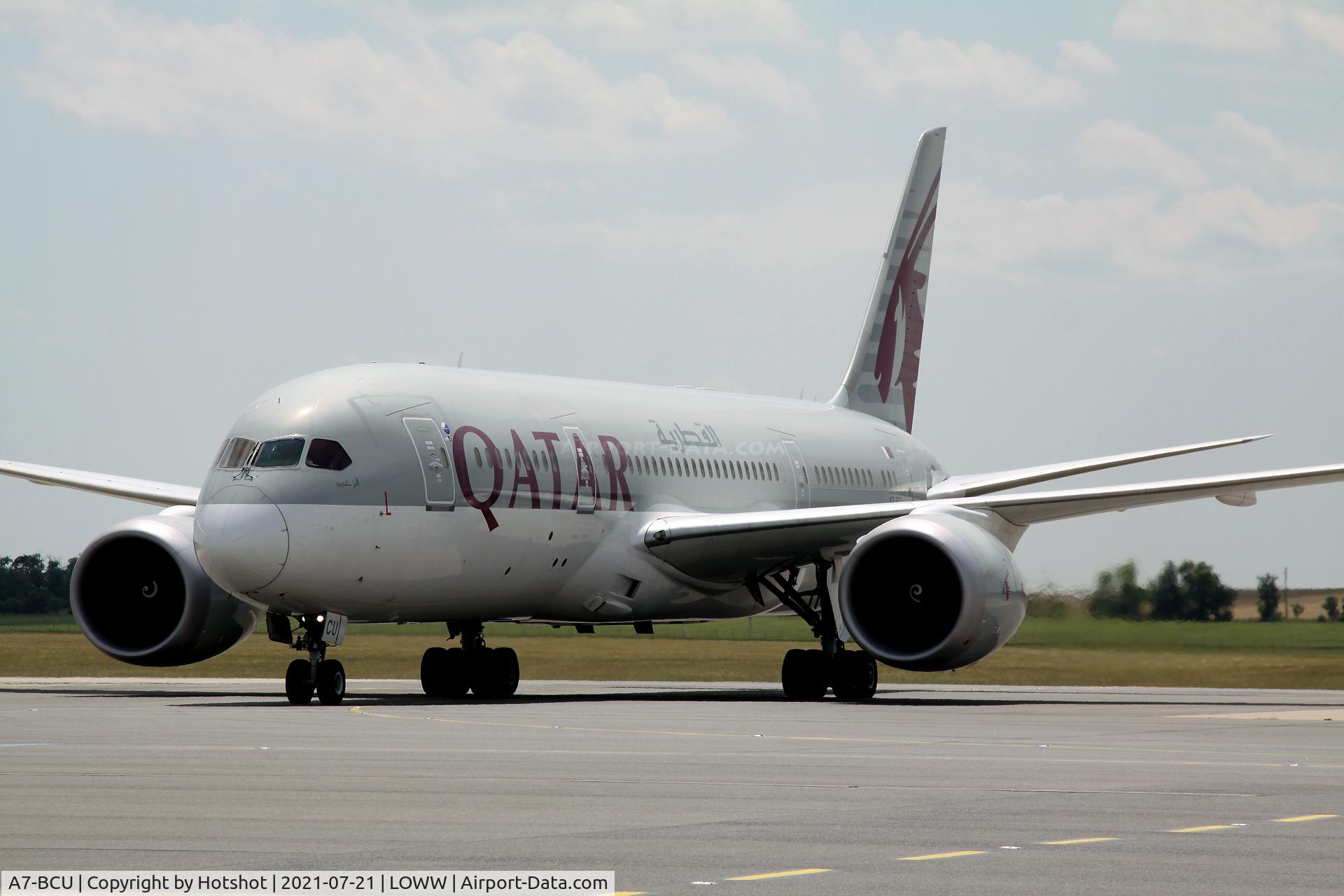 A7-BCU, 2015 Boeing 787-8 Dreamliner C/N 38339, Taxing to the taxi lane to park at Terminal 3.