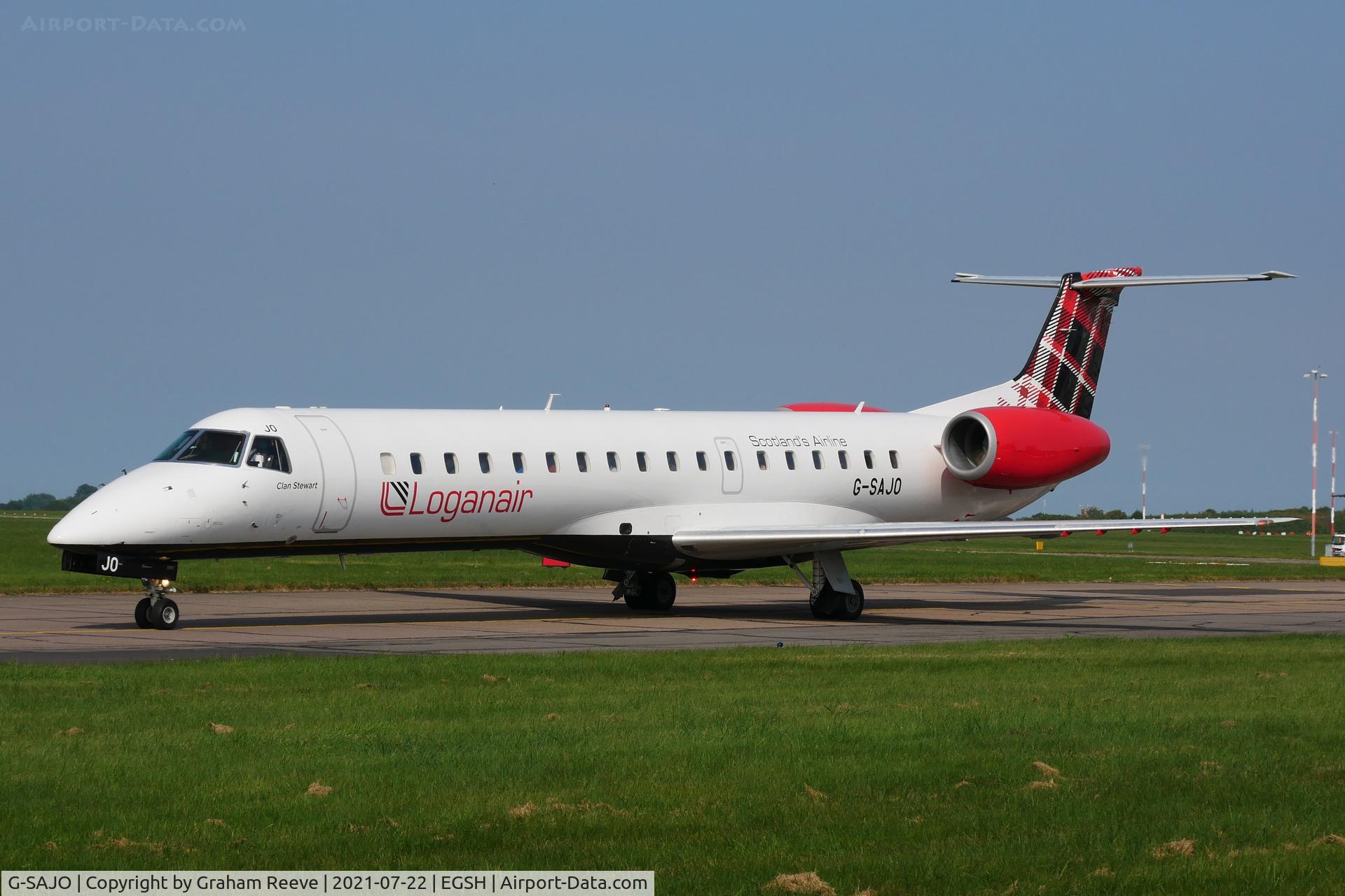 G-SAJO, 2000 Embraer ERJ-145MP (EMB-145MP) C/N 145216, Departing from Norwich.