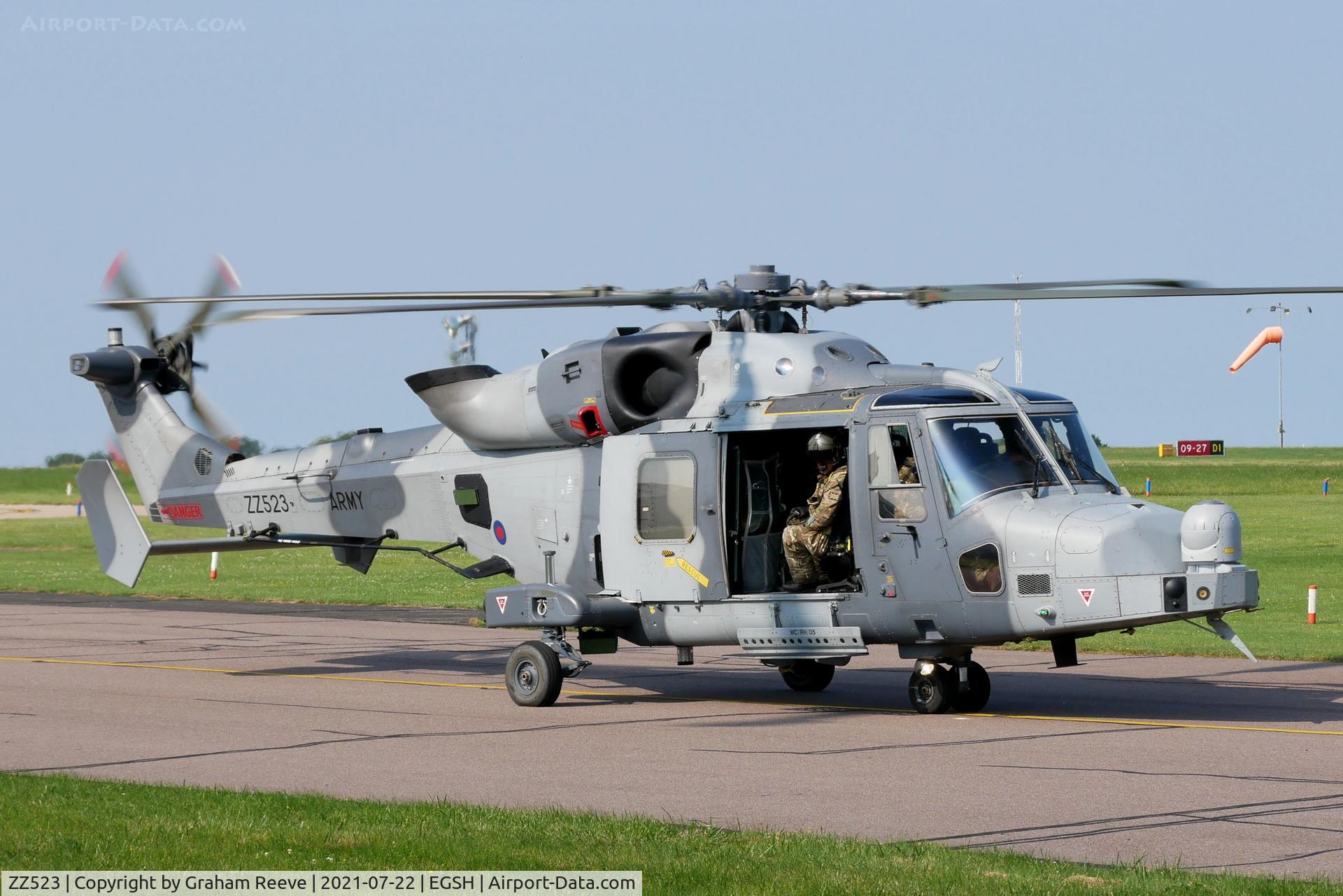 ZZ523, AgustaWestland AW-159 Wildcat AH.1 C/N 530, Just landed at Norwich.