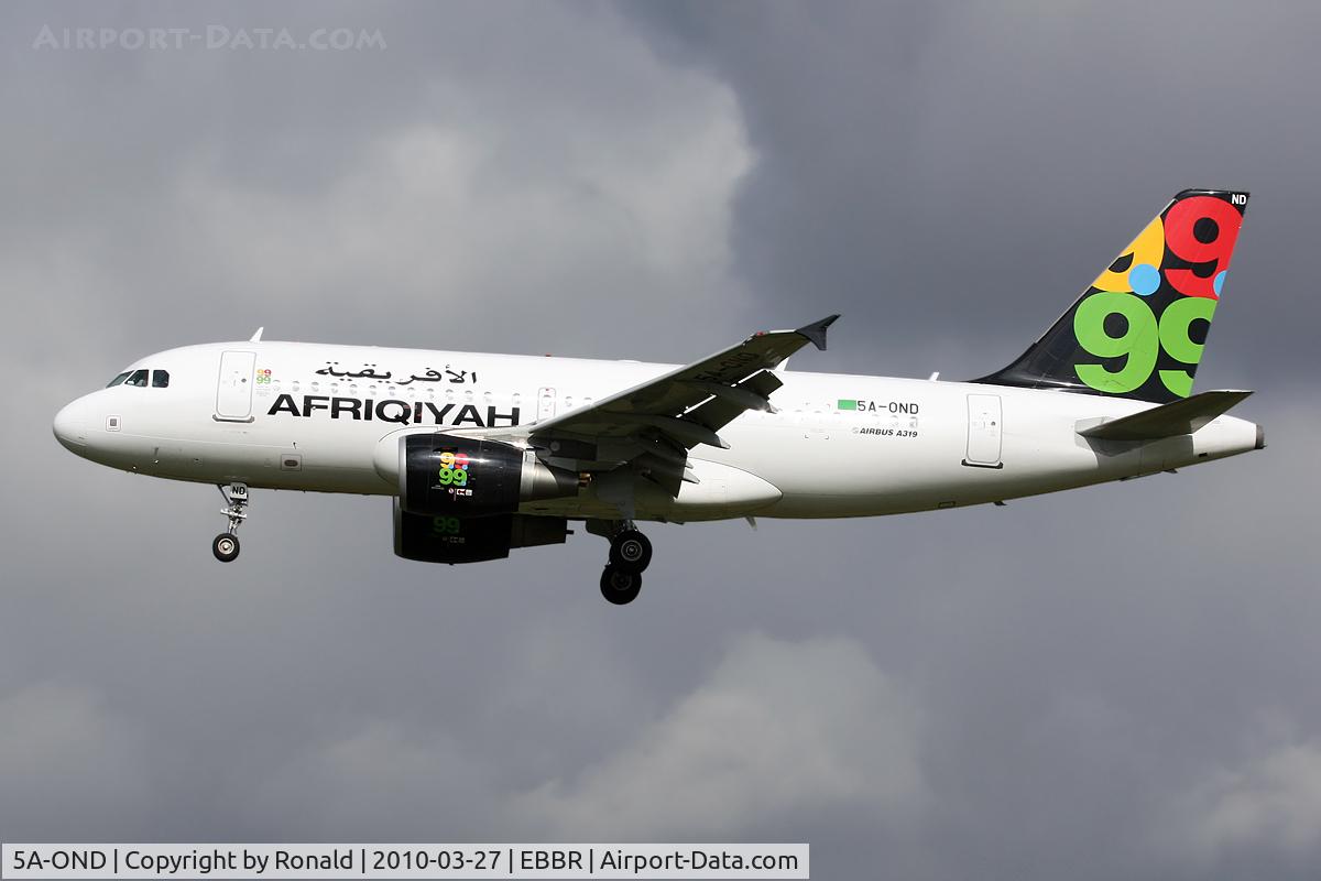 5A-OND, 2008 Airbus A319-111 C/N 3657, at bru