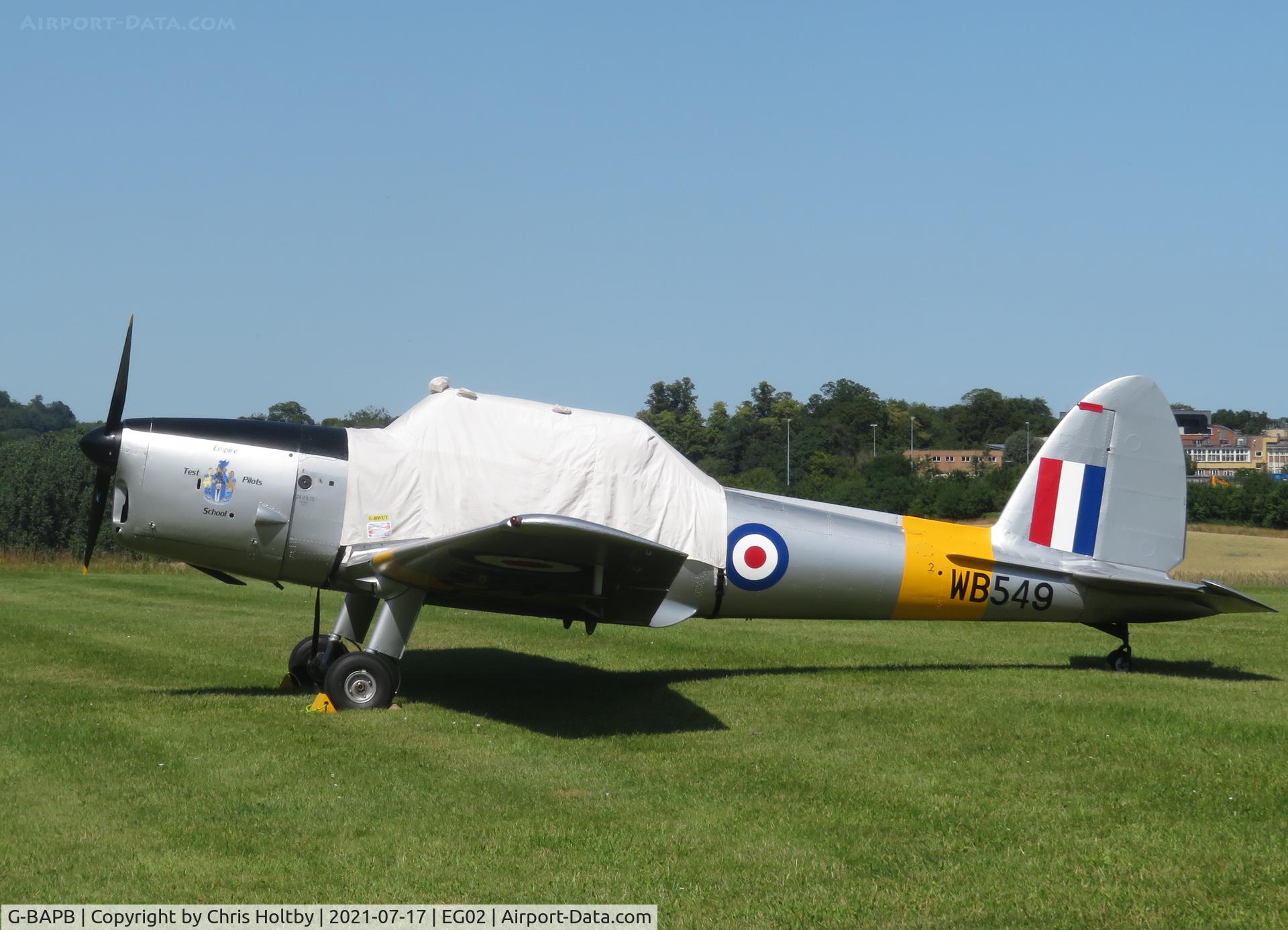G-BAPB, 1949 De Havilland DHC-1 Chipmunk 22A C/N C1/0001, Oddly wearing cover from G-BWUT at Audley End, Essex. This 1949 Chipmunk advertised as Britain's first when it was for sale. It is also reputed to have taken part in the Red Sparrows display team.