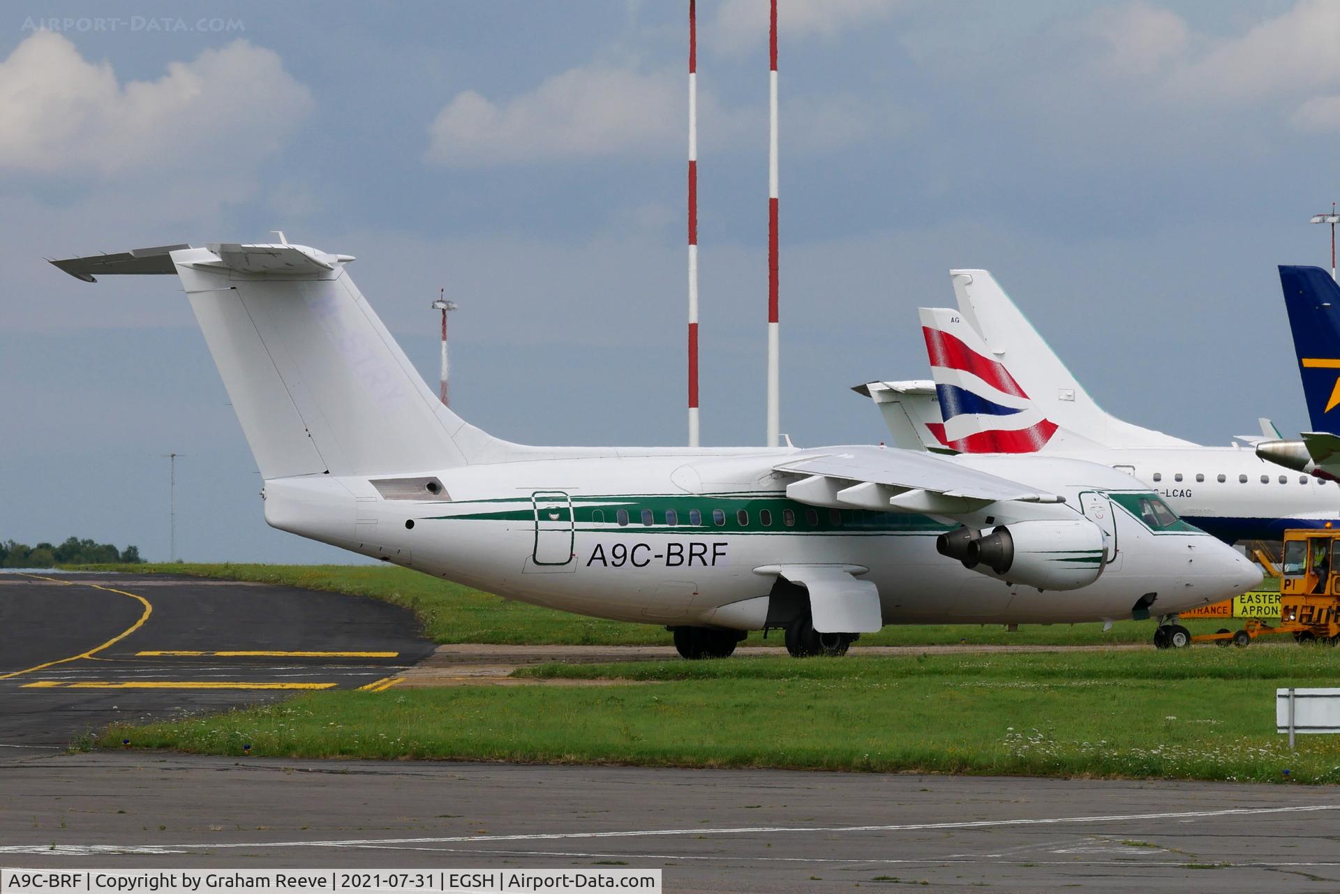 A9C-BRF, 1995 British Aerospace Avro 146-RJ70 C/N E1267, Under tow at Norwich.