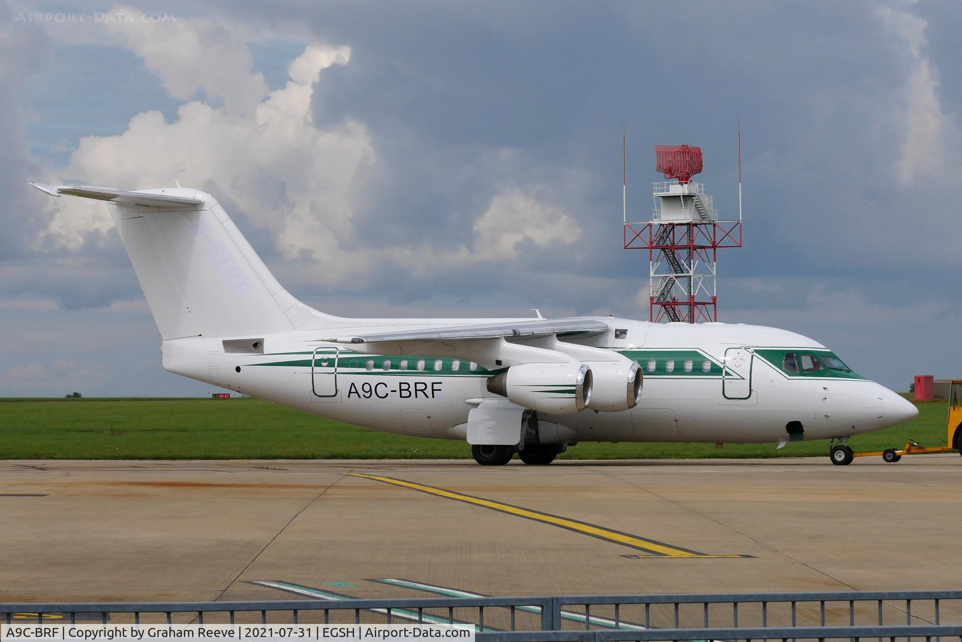 A9C-BRF, 1995 British Aerospace Avro 146-RJ70 C/N E1267, Under tow at Norwich.