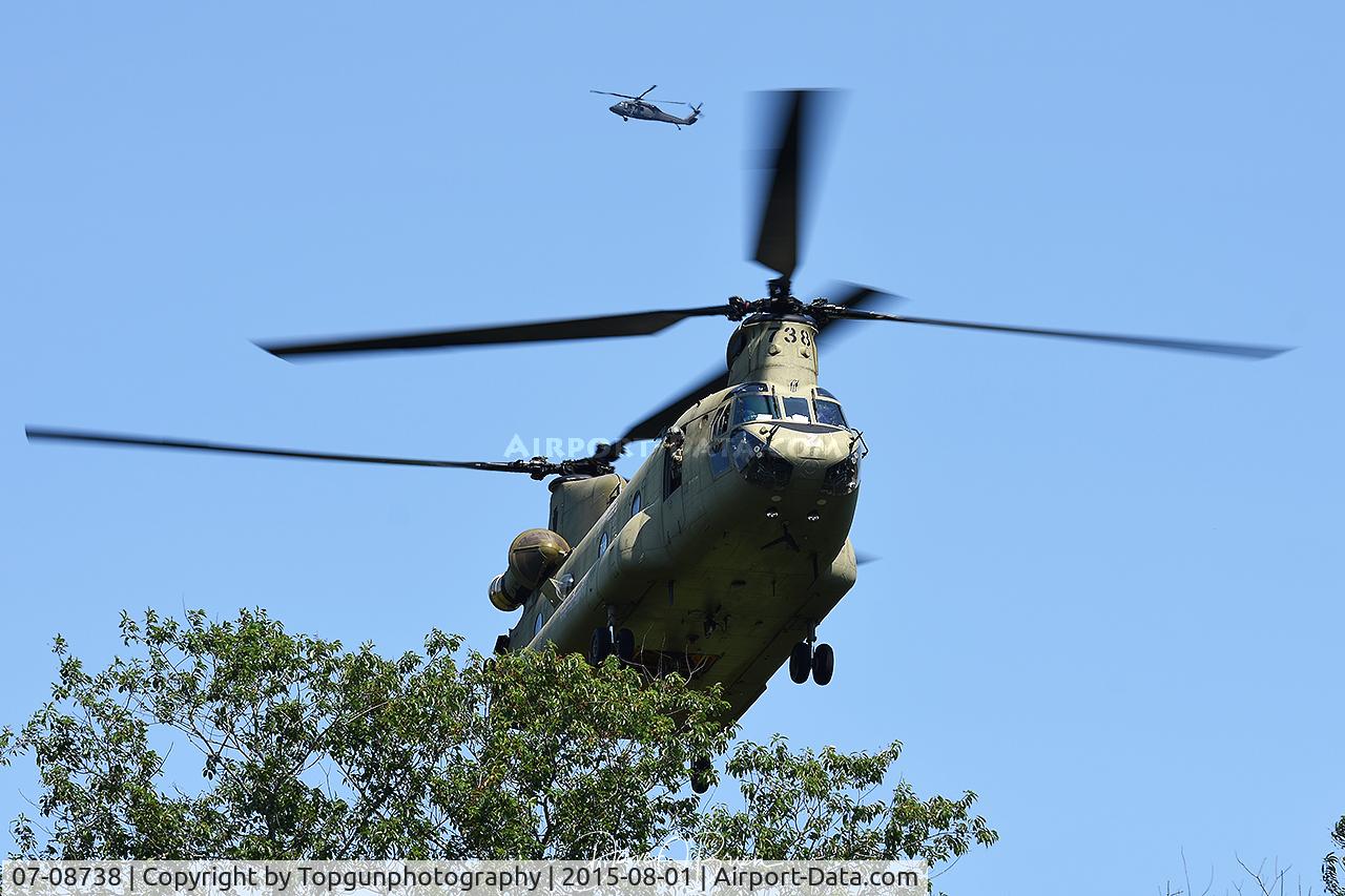 07-08738, 2007 Boeing CH-47F Chinook C/N M.8738, Chinook comes into the LZ as a Blackhawk circles overhead.