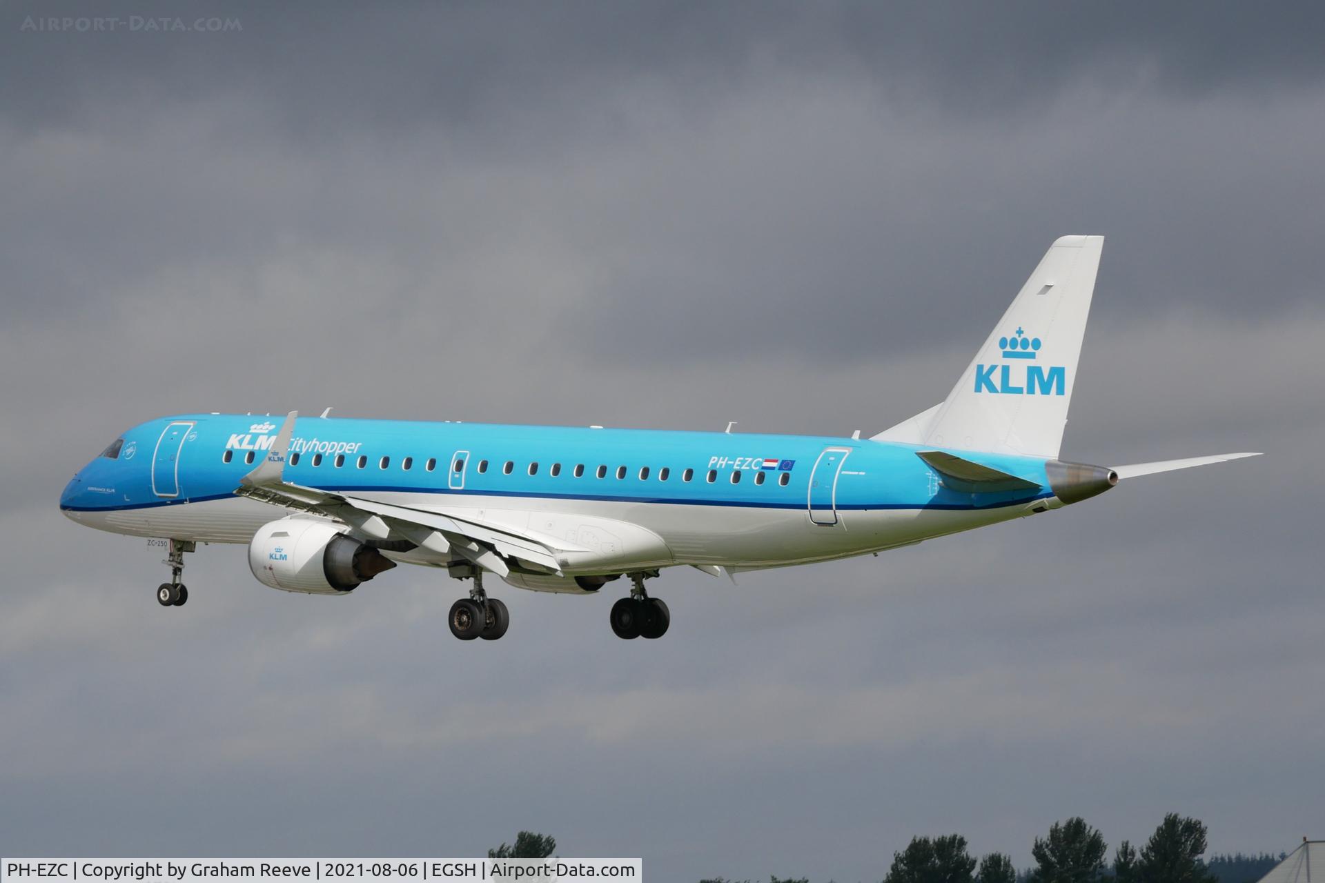 PH-EZC, 2008 Embraer 190LR (ERJ-190-100LR) C/N 19000250, Landing at Norwich.