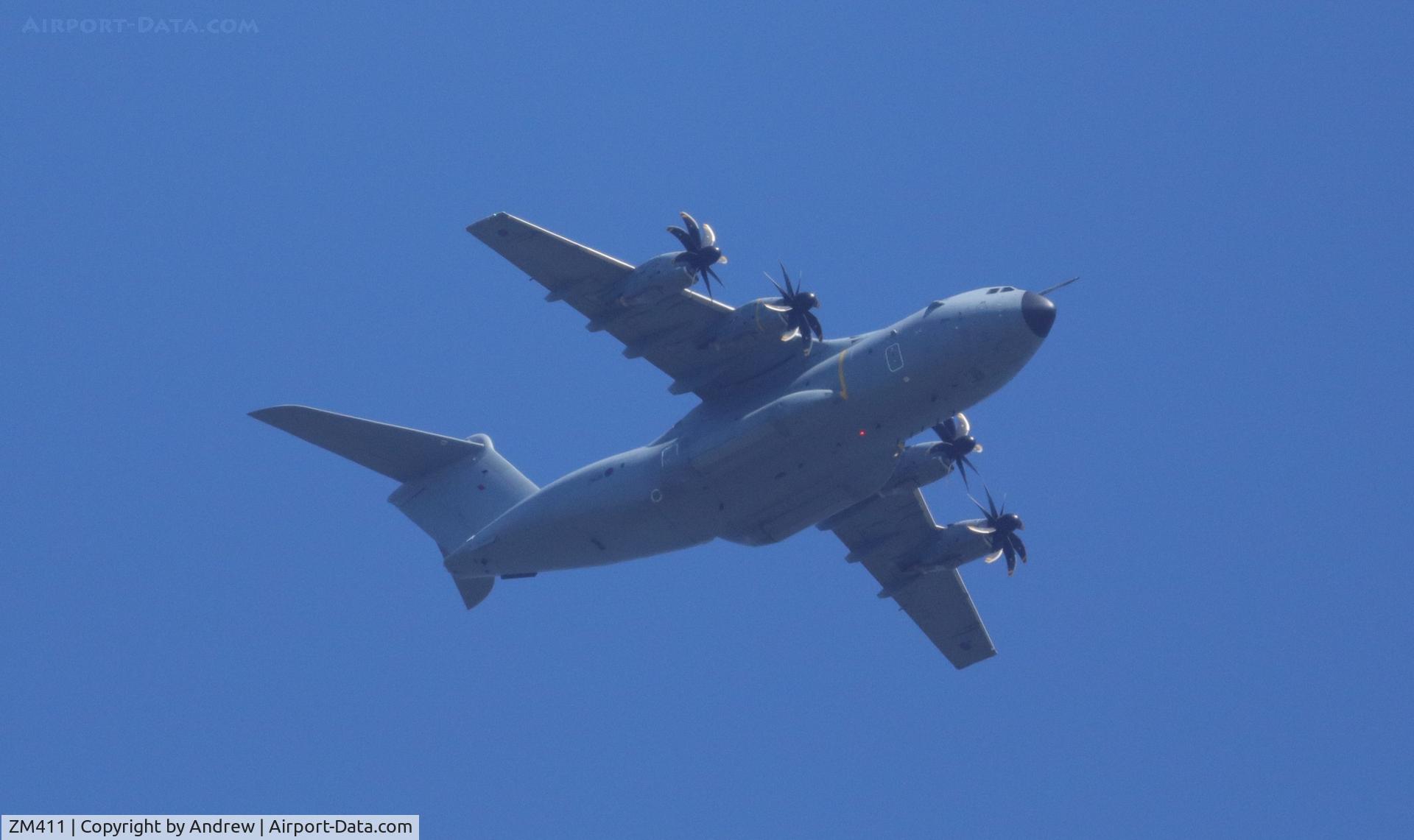 ZM411, 2016 Airbus A400M-180 Atlas C.1 C/N 039, ZM411 descending towards Isle of Man Airport