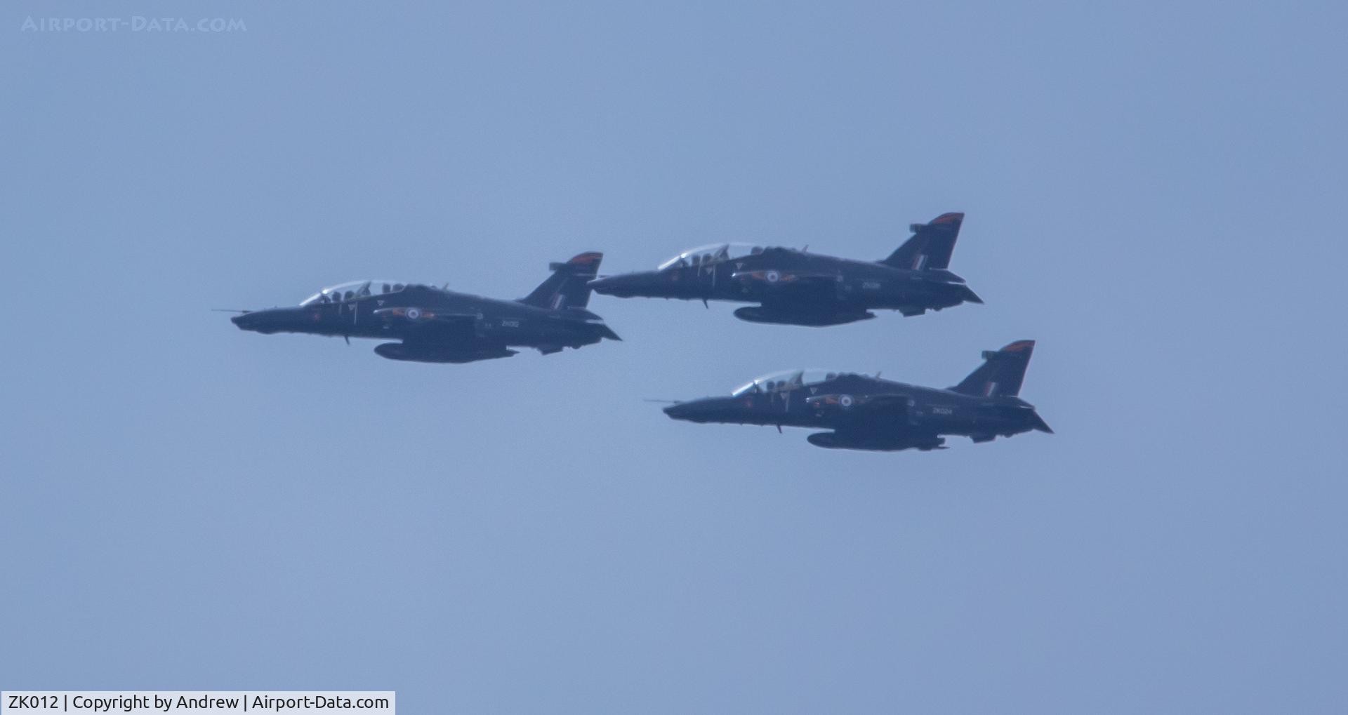 ZK012, 2008 British Aerospace Hawk T2 C/N RT003/1241, ZK012 with ZK018 and ZK024 during a flyby for Tynwald Day Isle of Man 2021
