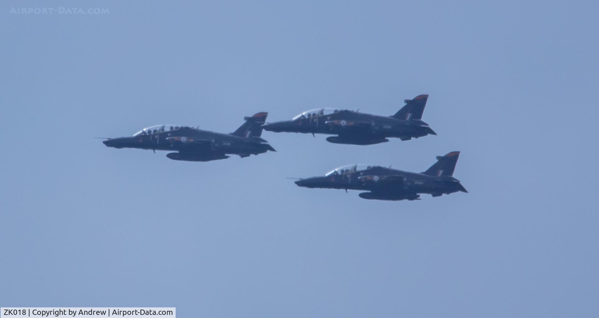 ZK018, 2008 British Aerospace Hawk T2 C/N RT009/1247, ZK012 with ZK018 and ZK024 during a flyby for Tynwald Day Isle of Man 2021