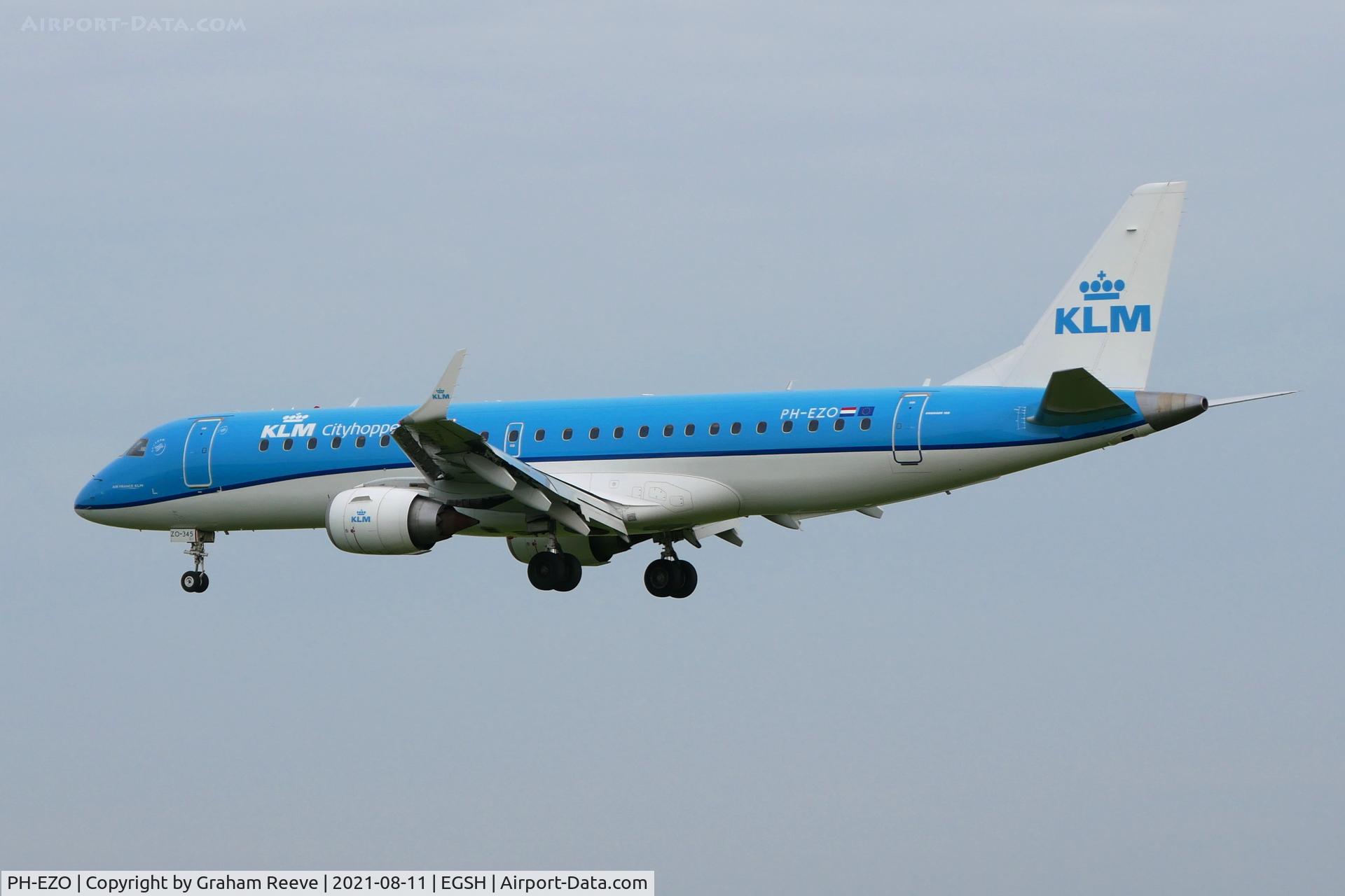PH-EZO, 2010 Embraer 190LR (ERJ-190-100LR) C/N 19000345, Landing at Norwich.