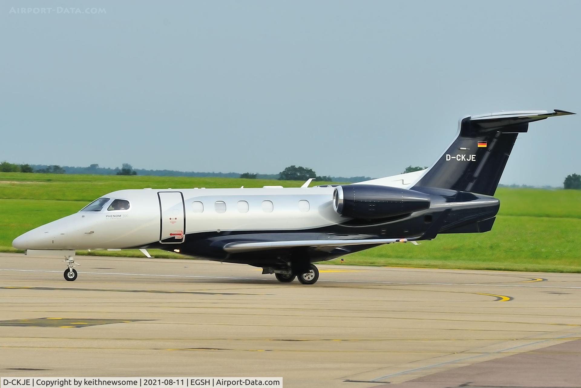 D-CKJE, 2017 Embraer EMB-505 Phenom 300 C/N 50500404, Arriving at Norwich from Faro, Portugal.