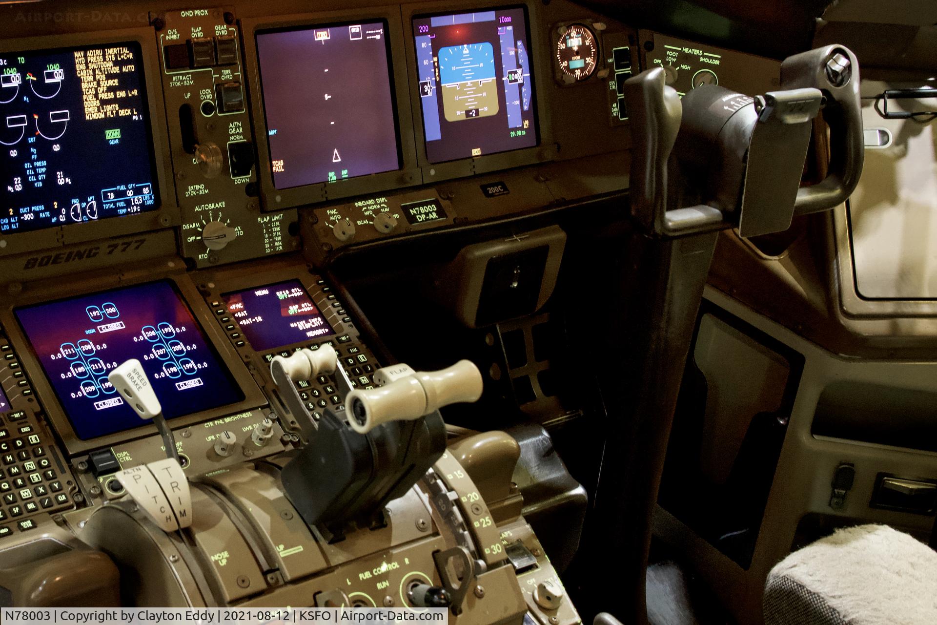 N78003, 1998 Boeing 777-224 C/N 27579, Flightdeck SFO 2021.