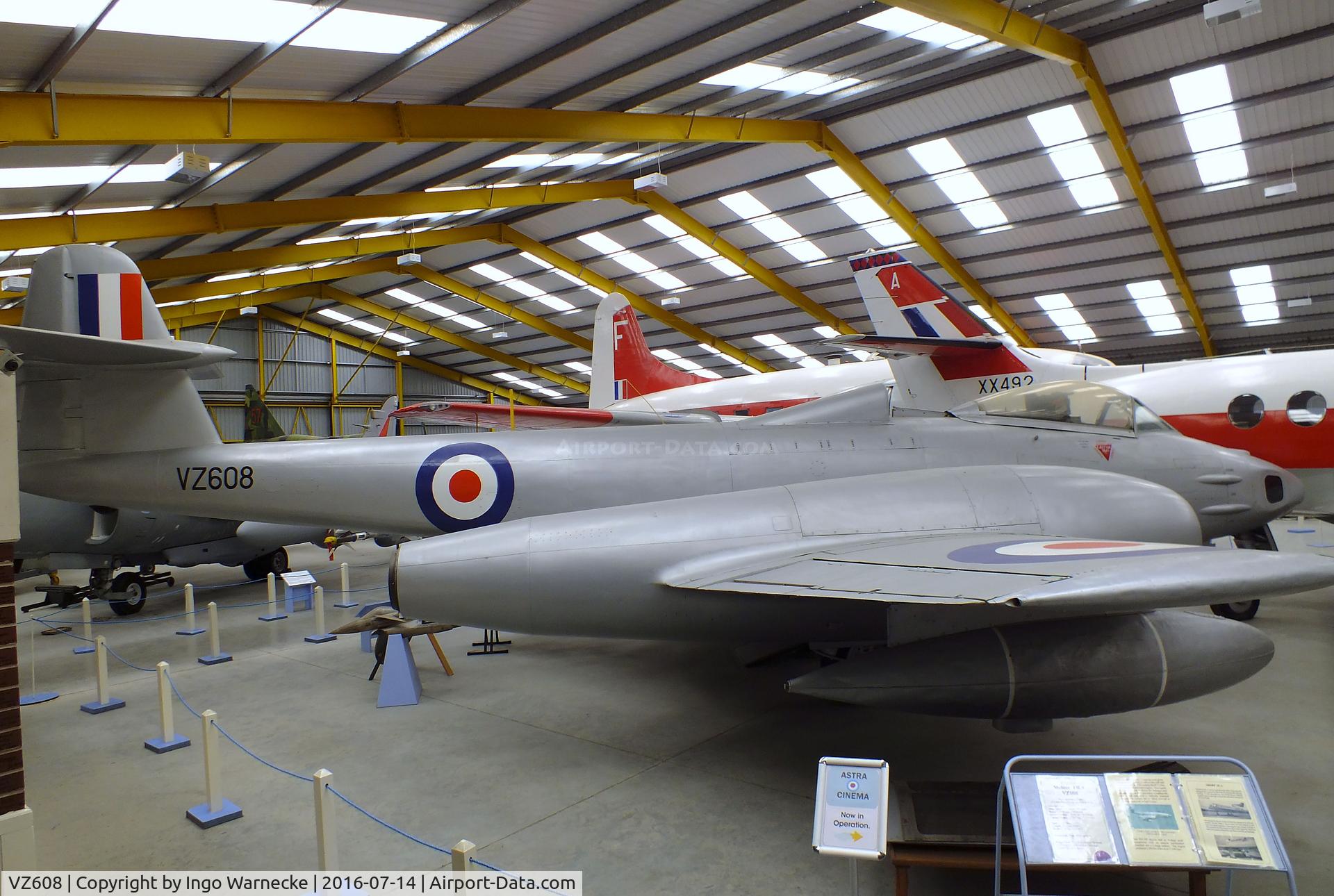 VZ608, Gloster Meteor FR.9 (Mod) C/N Not found VZ608, Gloster Meteor FR9(Mod), testbed for R-R RB.108 vertical lift engine and with lengthened nacelles for afterburners, at the Newark Air Museum