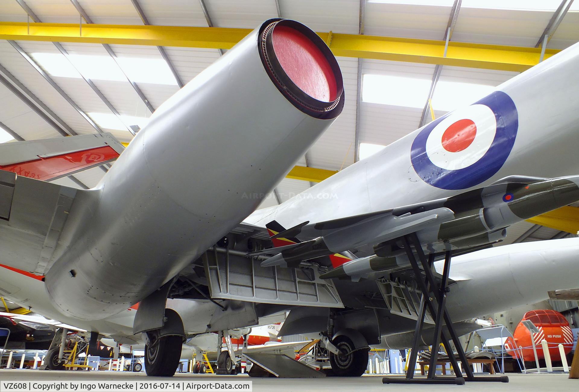 VZ608, Gloster Meteor FR.9 (Mod) C/N Not found VZ608, Gloster Meteor FR9(Mod), testbed for vertical R-R RB.108 vertical lift engine and with lengthened nacelles for afterburners, at the Newark Air Museum