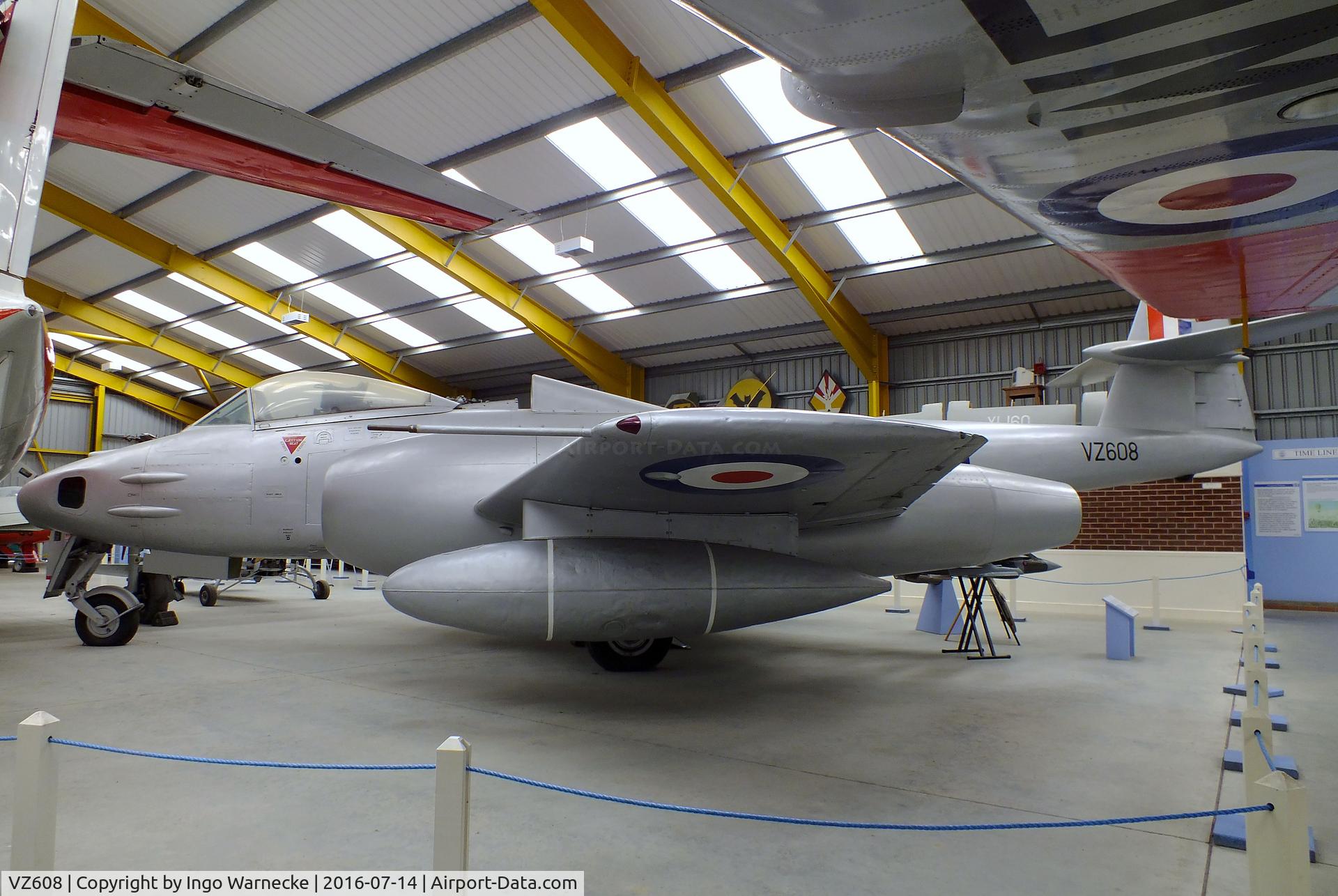 VZ608, Gloster Meteor FR.9 (Mod) C/N Not found VZ608, Gloster Meteor FR9(Mod), testbed for vertical R-R RB.108 vertical lift engine and with lengthened nacelles for afterburners, at the Newark Air Museum