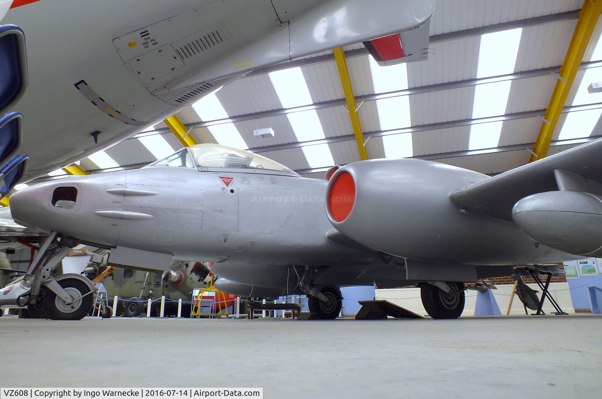 VZ608, Gloster Meteor FR.9 (Mod) C/N Not found VZ608, Gloster Meteor FR9(Mod), testbed for vertical R-R RB.108 vertical lift engine and with lengthened nacelles for afterburners, at the Newark Air Museum