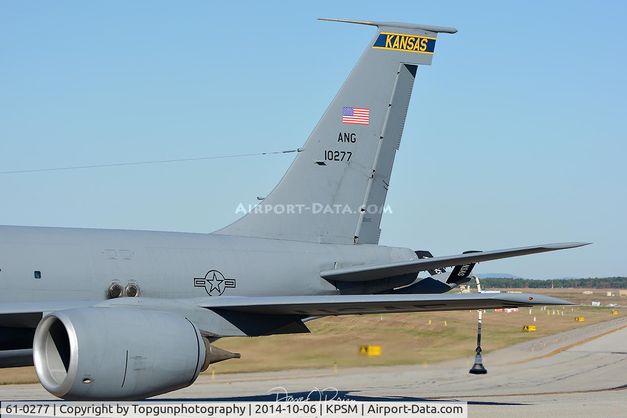 61-0277, 1961 Boeing KC-135R Stratotanker C/N 18184, KC-135R set up for refueling for 3 EA-18G Growlers using a hose and basket attached to the end of their boom.