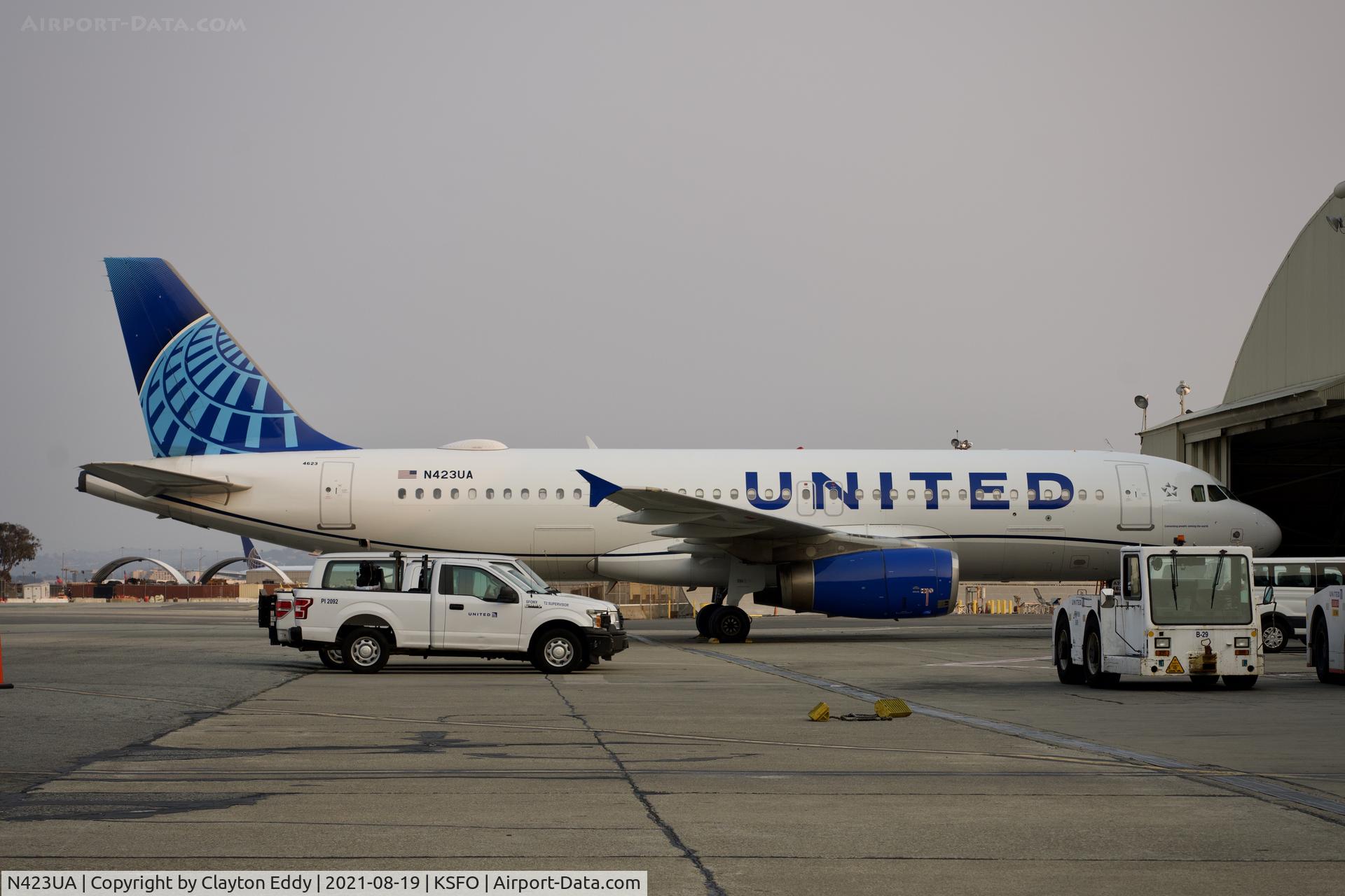 N423UA, 1995 Airbus A320-232 C/N 504, Smokey day. SFO. 2021.