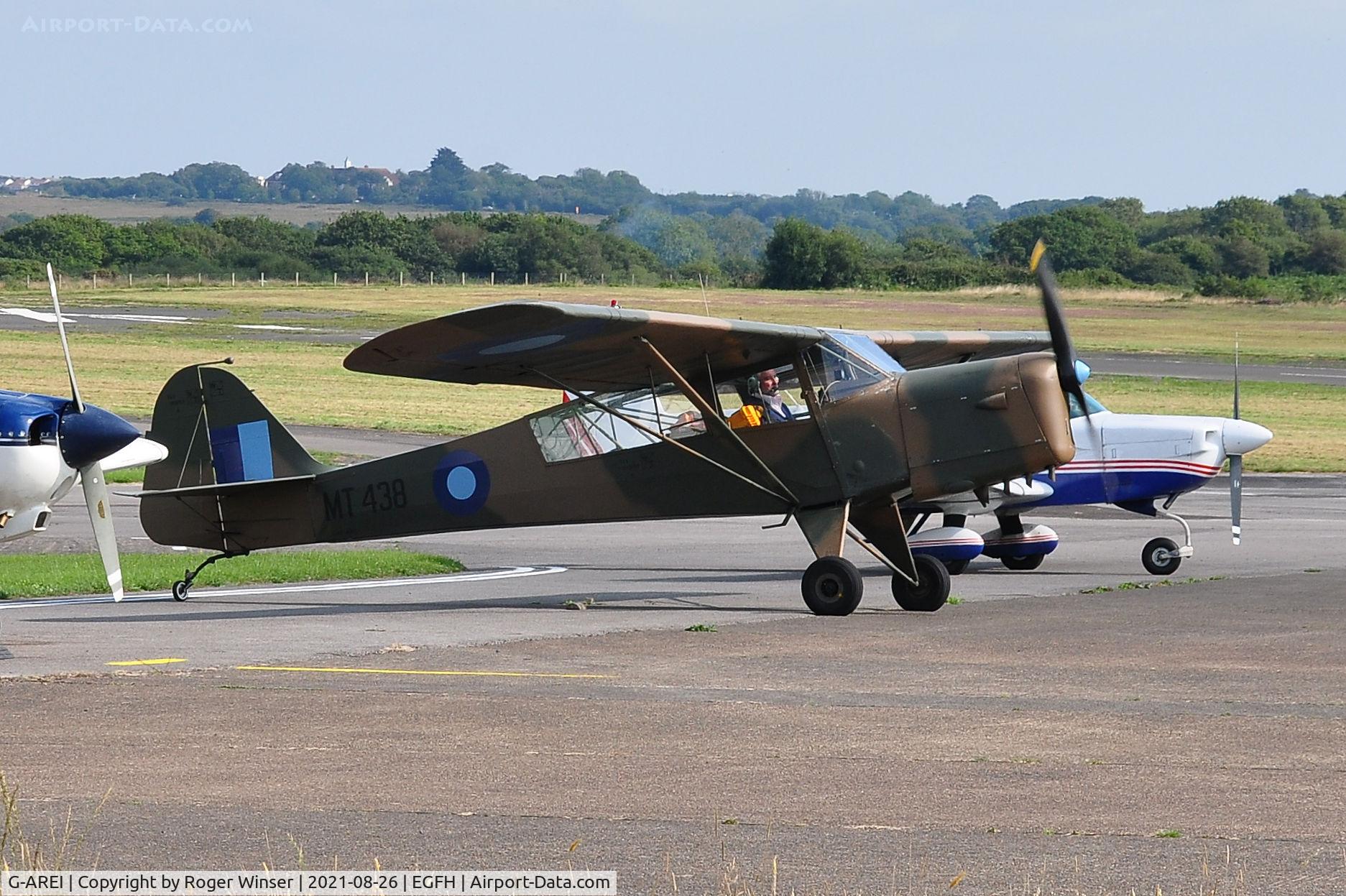 G-AREI, 1943 Taylorcraft E Auster 3 C/N 518, Visiting ex-AAC Auster AOP.3 aircraft MT438 in WW2 SEAC camouflage and markings.