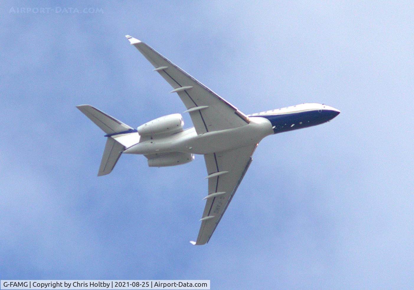 G-FAMG, 2014 Bombardier BD-700-1A10 Global Express C/N 9658, Bombardier Global Express on its way to base at Stansted Airport, Essex
