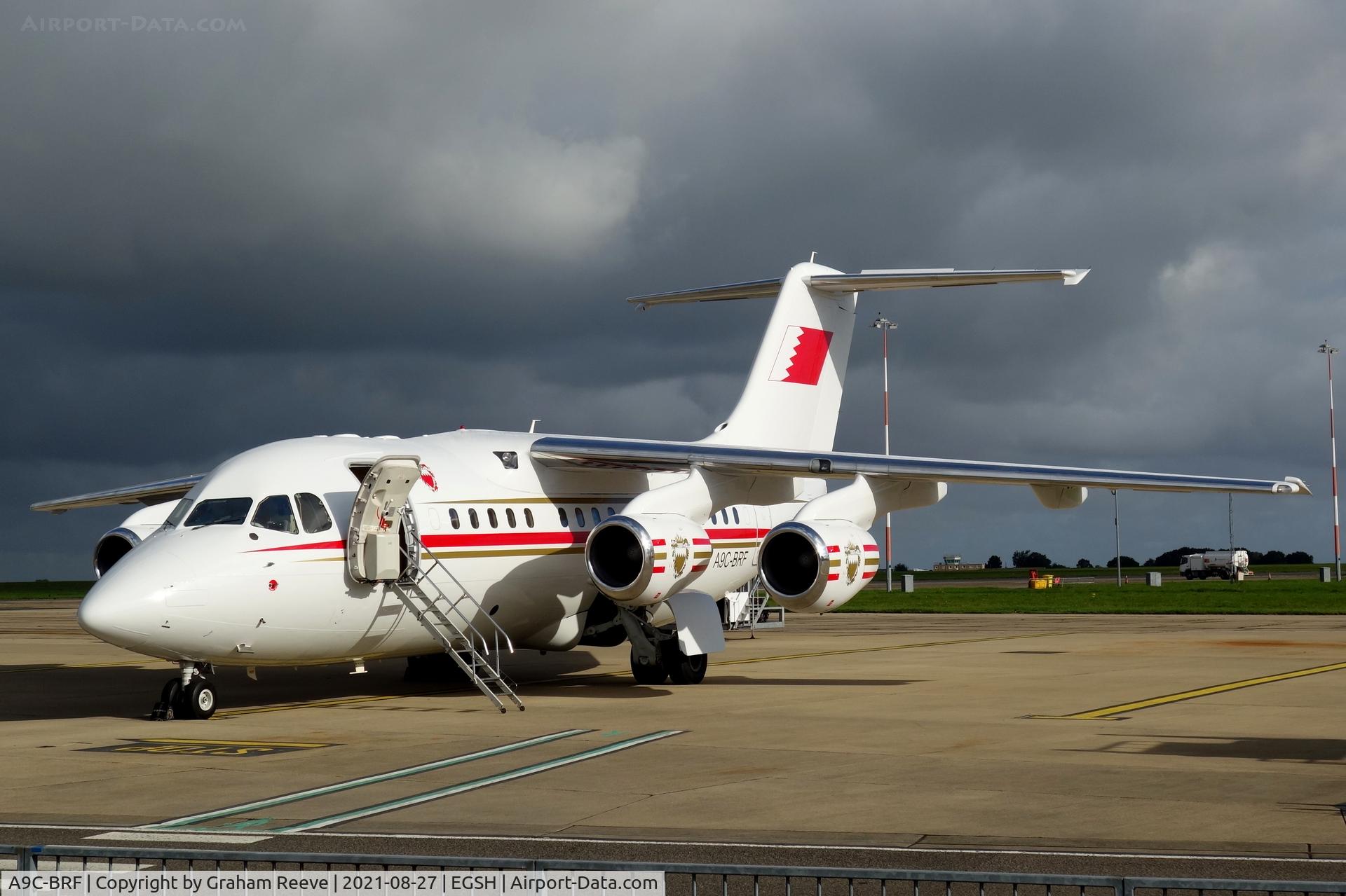 A9C-BRF, 1995 British Aerospace Avro 146-RJ70 C/N E1267, On stand at Norwich.