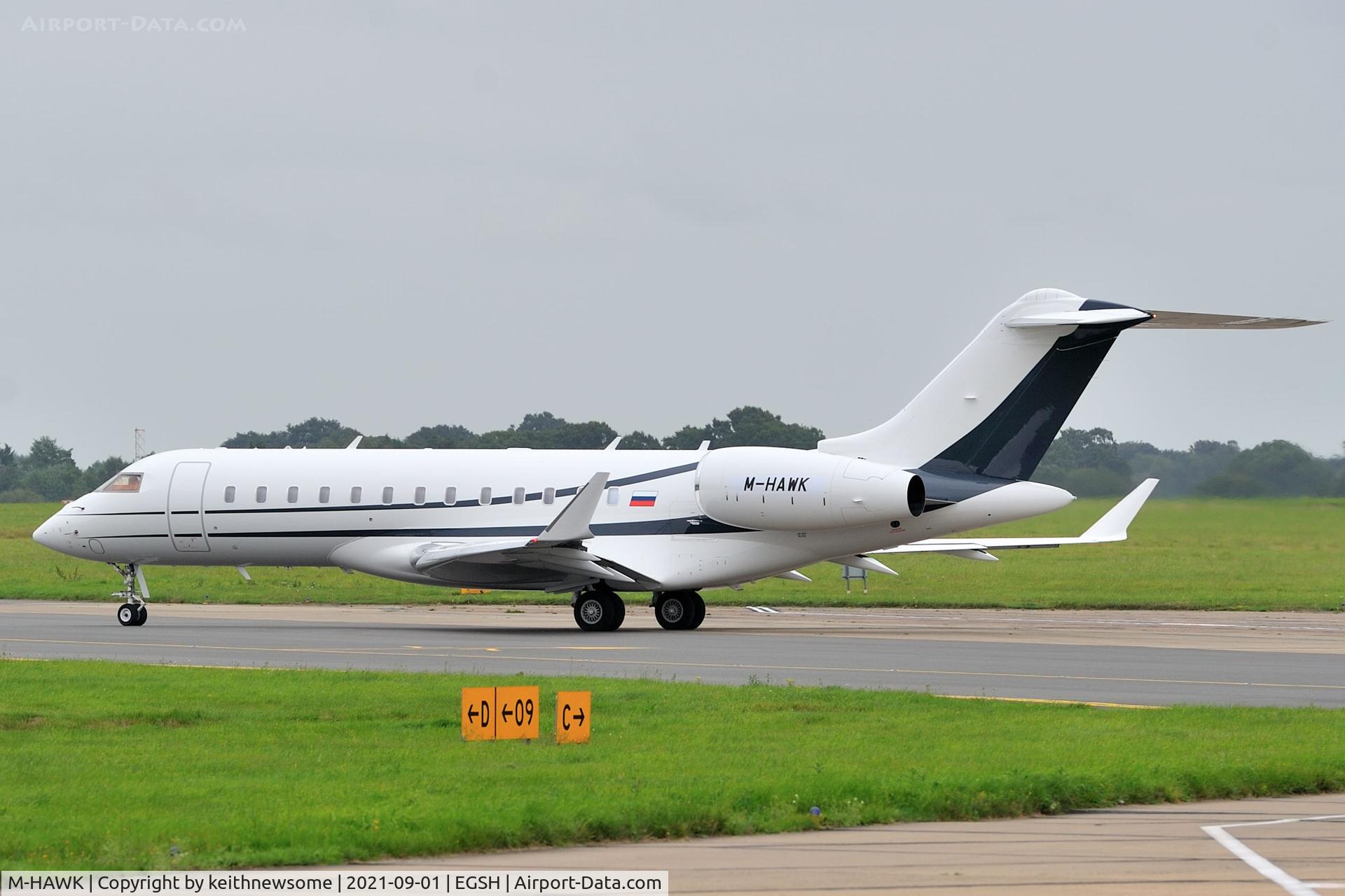 M-HAWK, 2012 Bombardier BD-700-1A10 Global 6000 C/N 9518, Leaving Norwich for Moscow following paintwork.
