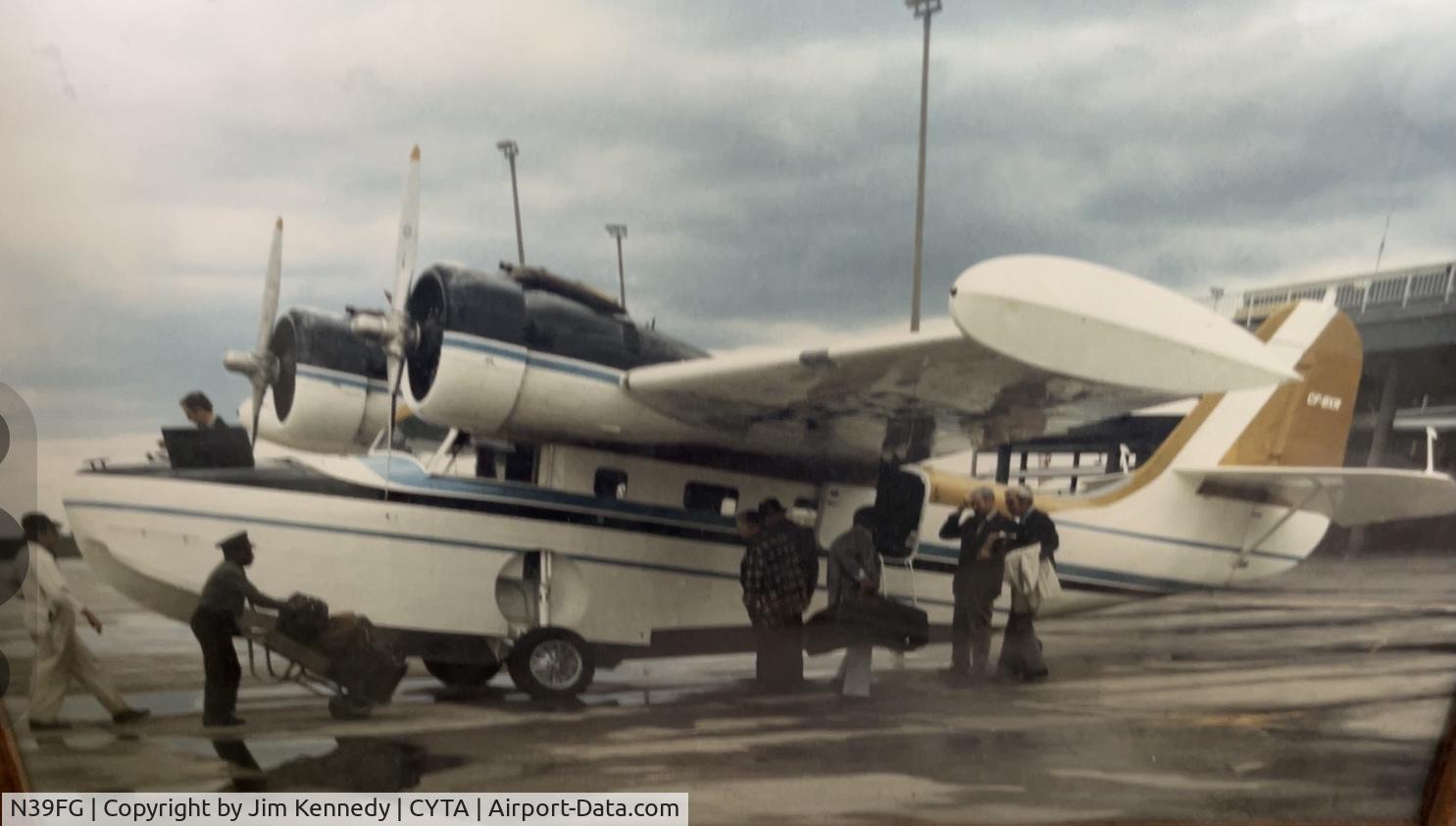 N39FG, 1939 Grumman G-21A Goose C/N 1059, This former CF-BXR tail number.  Taken in at the Pembroke airport in mid 1970s as a group of us fishermen from Indianapolis were about to fly to Lac Summerville, at the Pontiac Fish & Game Club in Quebec.  Copyright  Jim Kennedy, who got to sit co-pilot.