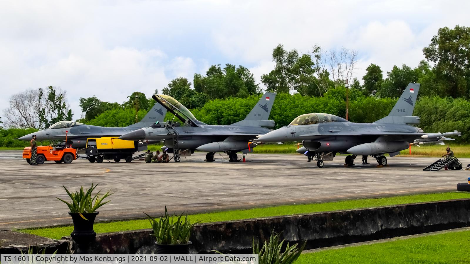 TS-1601, General Dynamics F-16B C/N 1B-1, three of them parked together and prepared for takeoff