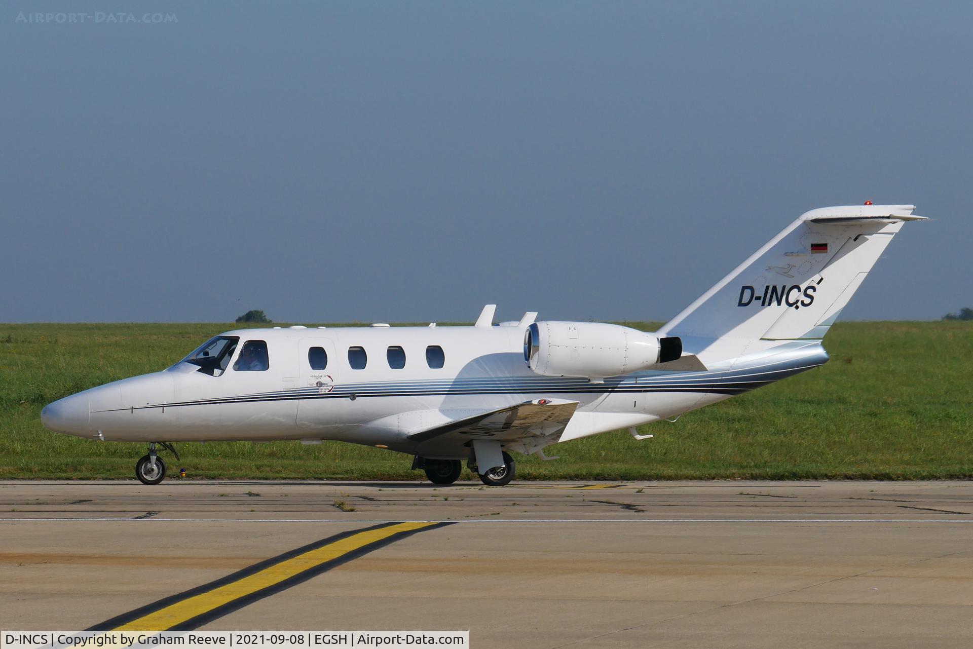 D-INCS, 2001 Cessna 525 CitationJet CJ1 C/N 525-0466, Just landed at Norwich.