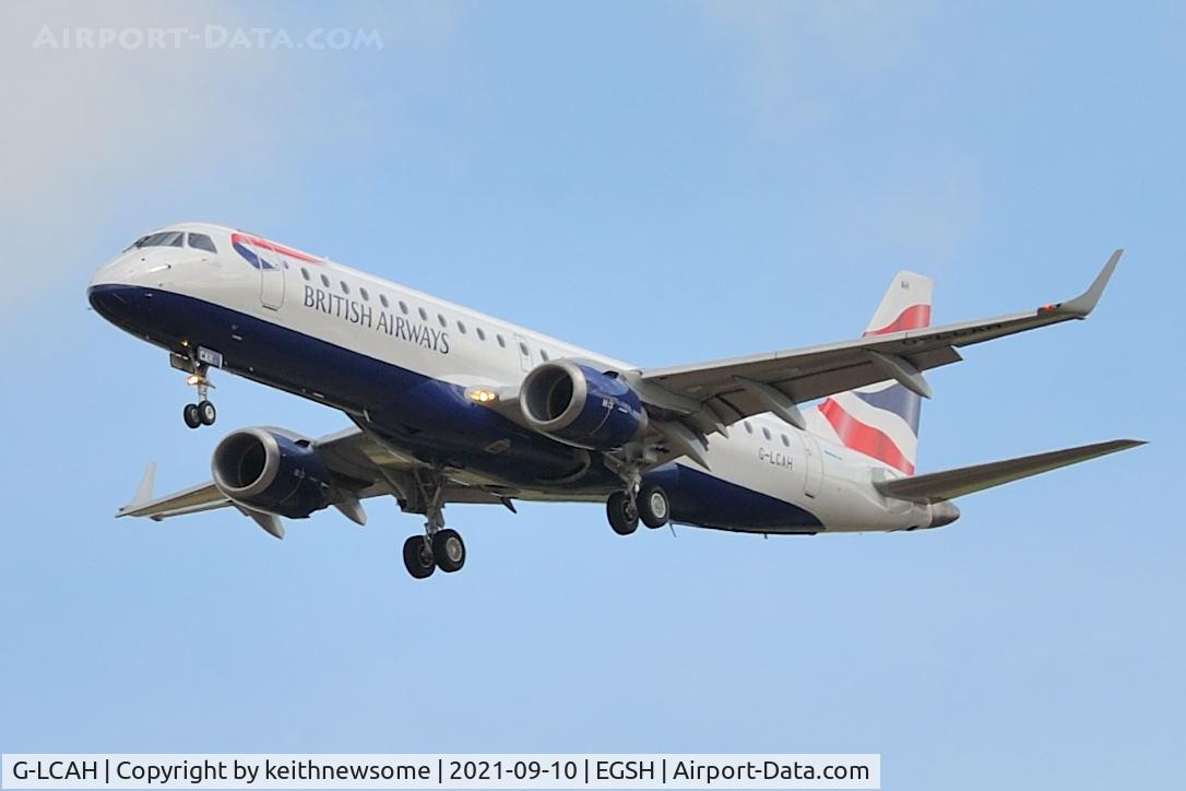 G-LCAH, 2012 Embraer 190LR (ERJ-190-100LR) C/N 19000564, Arriving at Norwich from Warsaw.