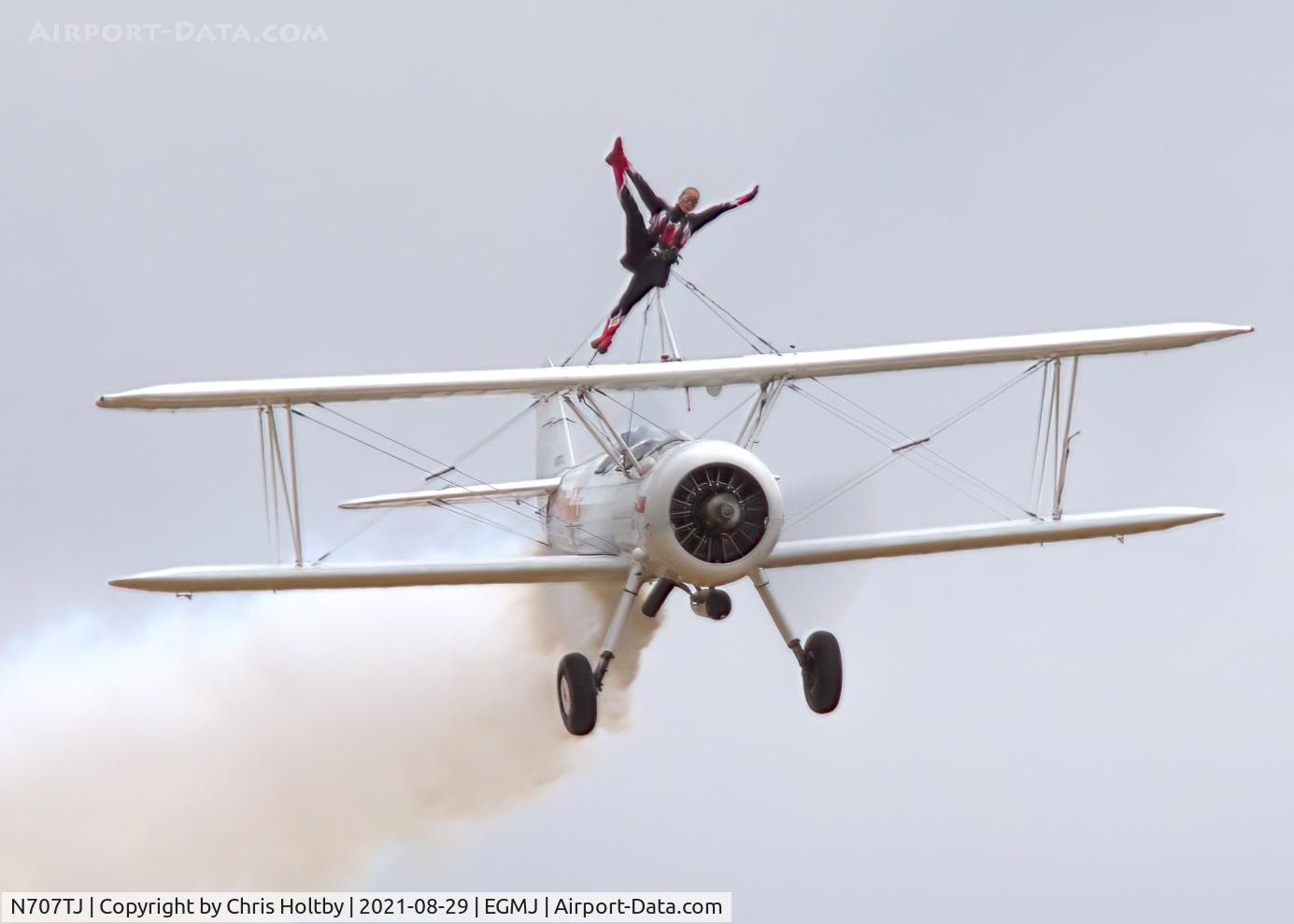 N707TJ, 1943 Boeing A75N1(PT17) C/N 75-950, And she keeps smiling as the Stearman flies in towards the display line at Little Gransden Airshow 2021