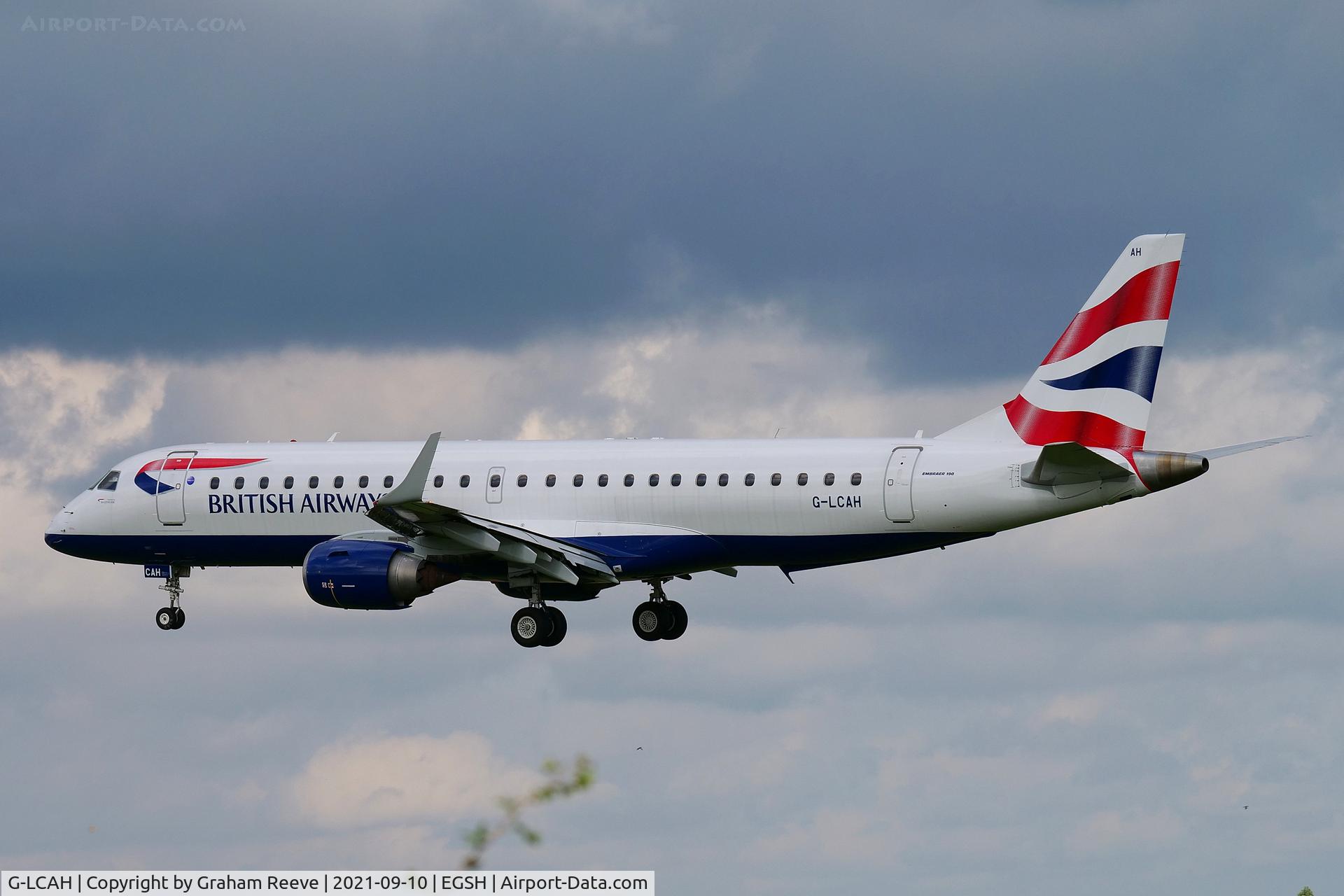 G-LCAH, 2012 Embraer 190LR (ERJ-190-100LR) C/N 19000564, Landing at Norwich.