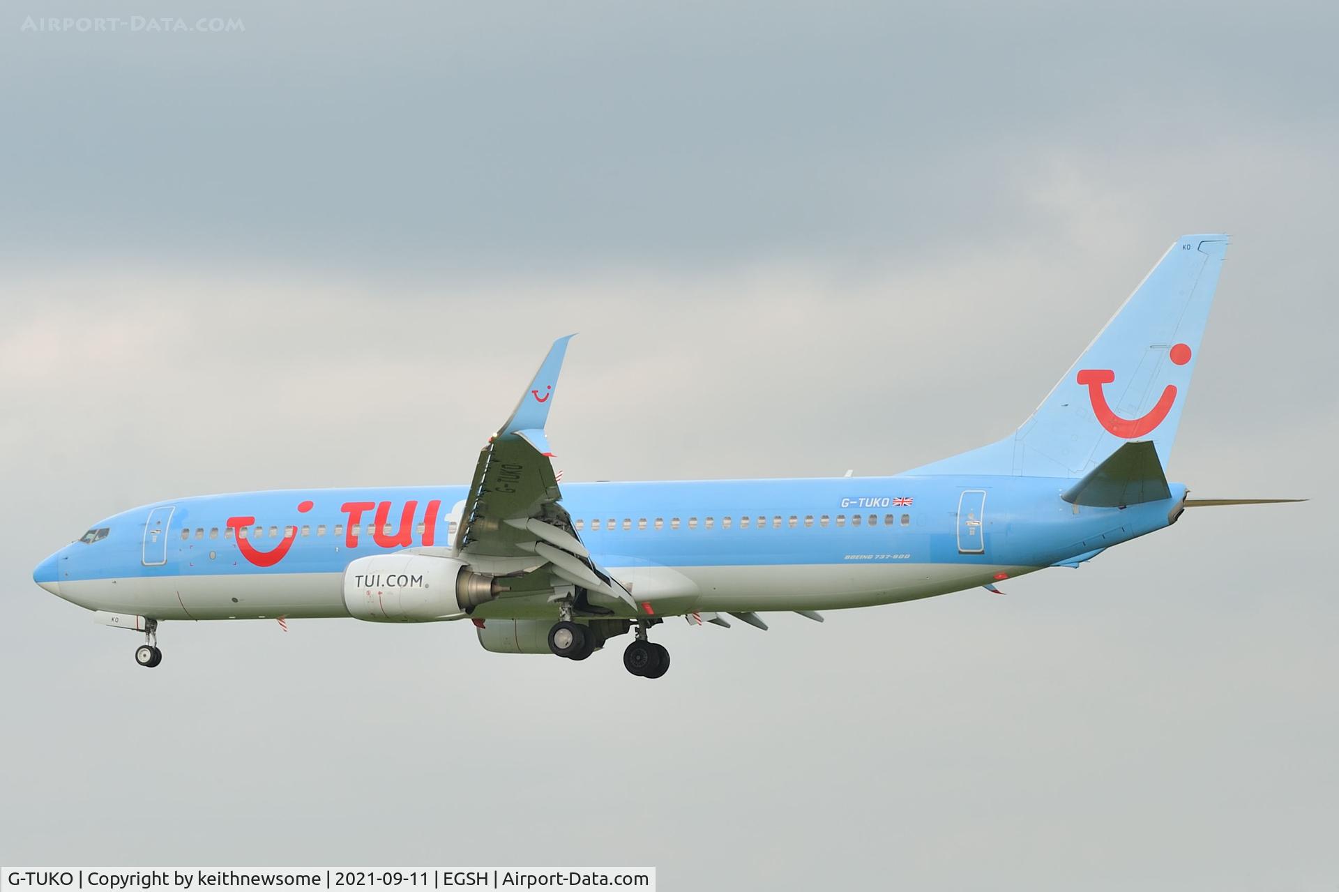 G-TUKO, 2011 Boeing 737-8K5 C/N 37259, Arriving at Norwich from Majorca.