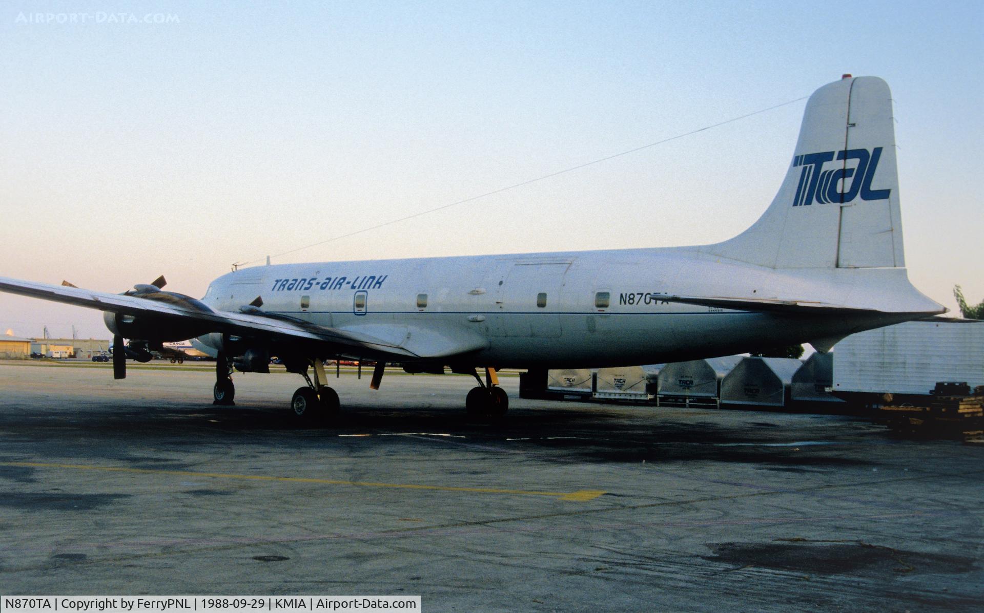 N870TA, 1958 Douglas DC-6A C/N 45518, Trans Air Link DC6 parked at MIA