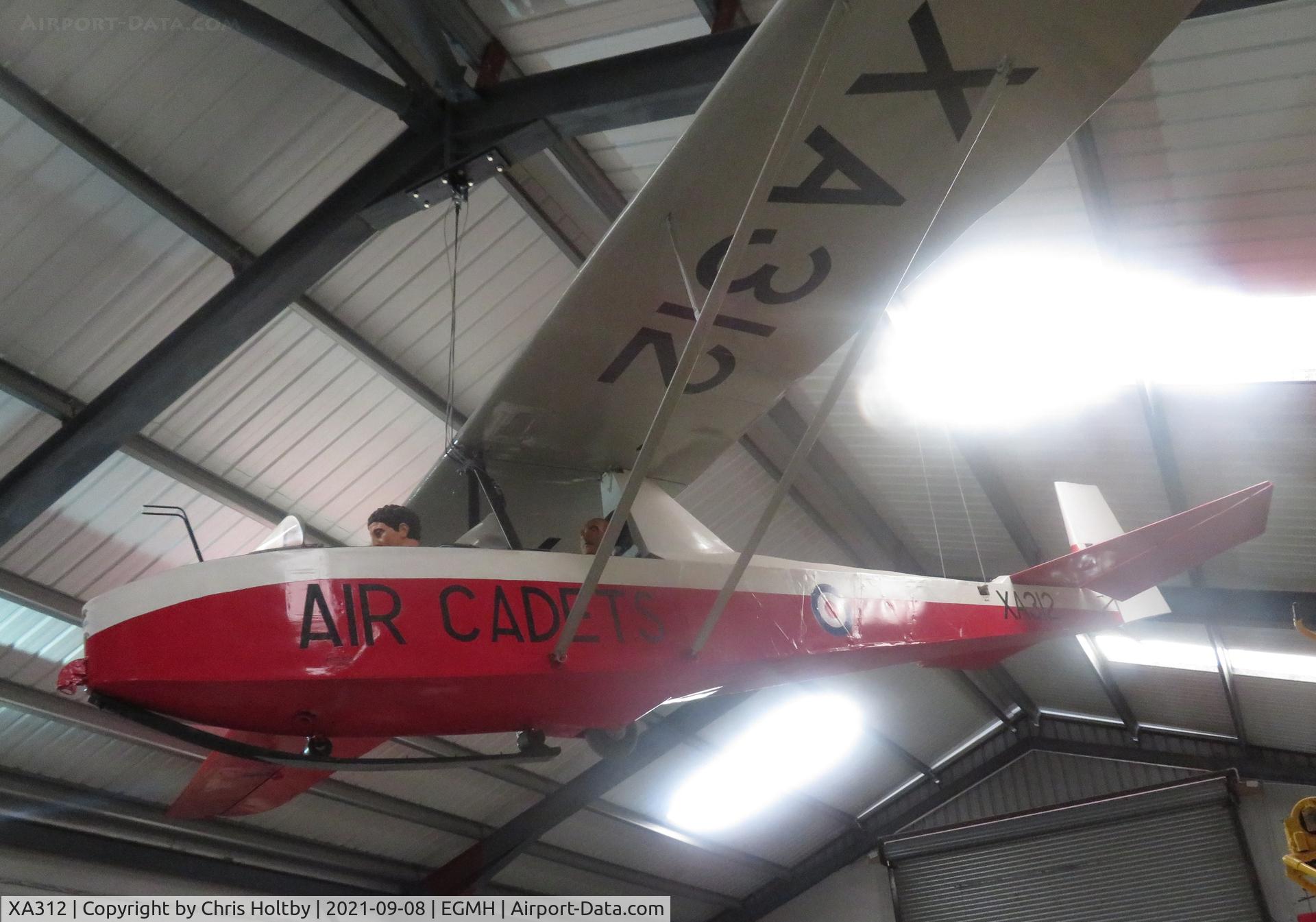 XA312, 1953 Slingsby T-31B Cadet TX.3 C/N 854, Now sporting its correct registration suspended from the roof at RAF Manston Museum, Kent