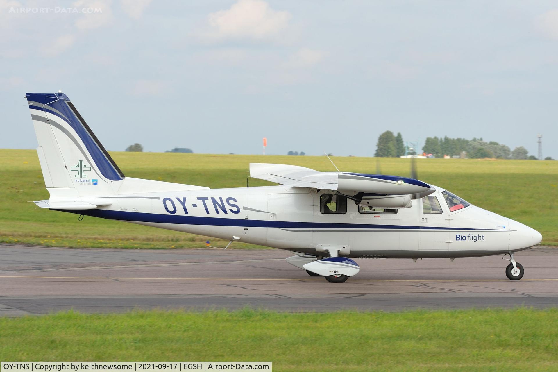 OY-TNS, Vulcanair P-68C C/N 510 / C, Leaving Norwich for survey work.