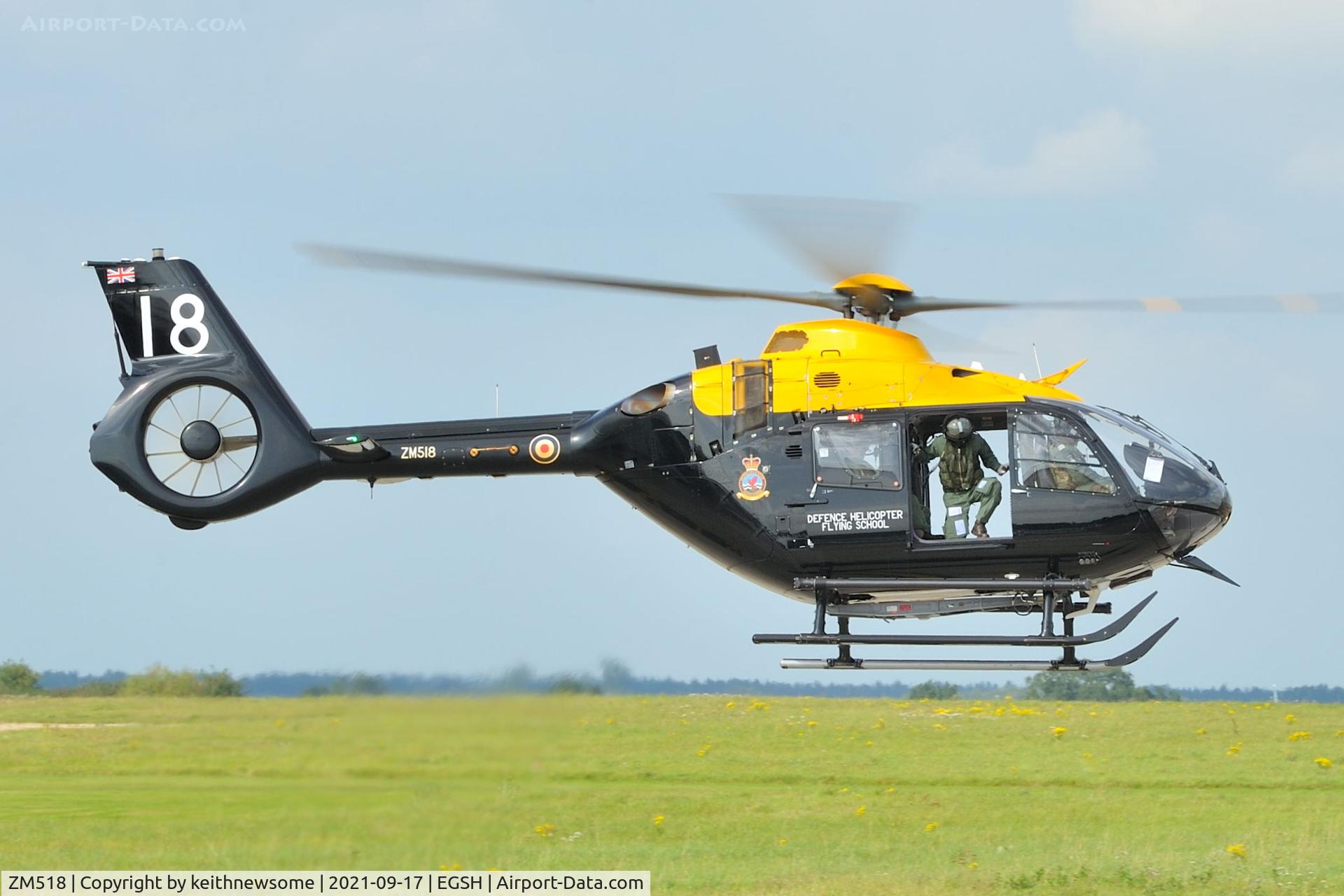 ZM518, 2017 Airbus Helicopters Juno HT.1 (EC-135T-3H) C/N 2021, Leaving Norwich following fuel stop.