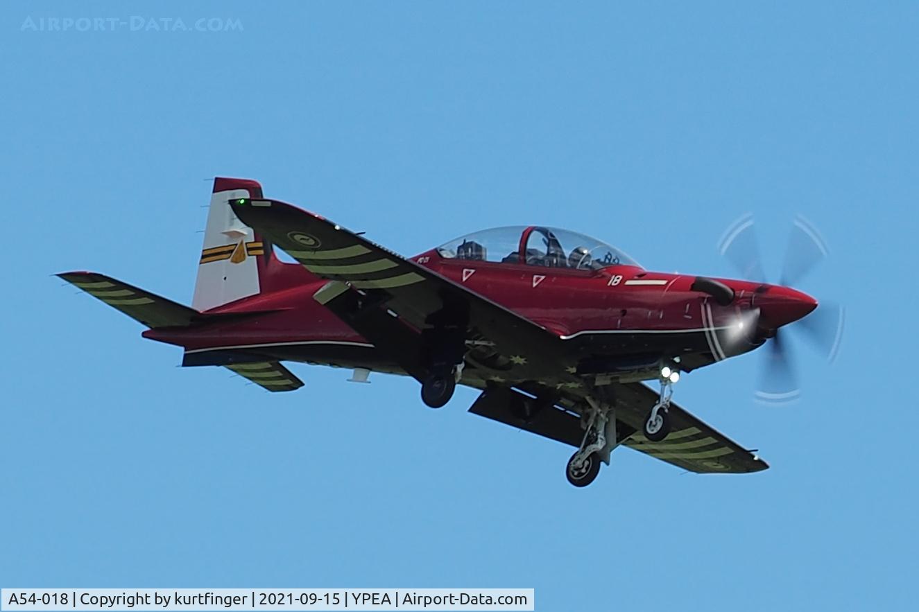 A54-018, 2018 Pilatus PC-21 C/N 251, Pilatus PC-21 cn 251. RAAF serial A54-018, unit 2 FTS RAAF Base Pearce with the Aircraft Research and Development Unit (ARDU) tail marking. 15 September 2021.
