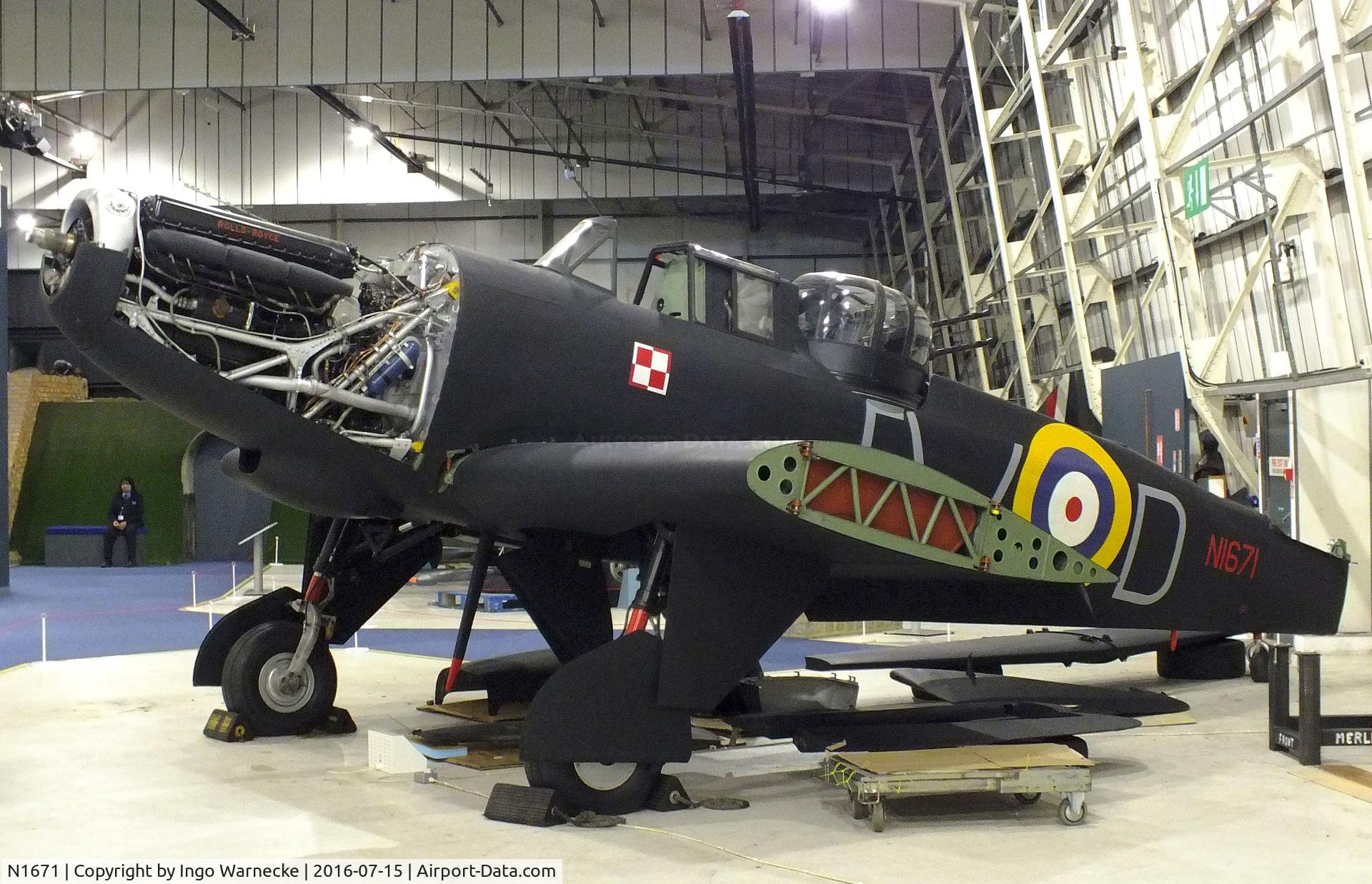 N1671, 1938 Boulton Paul Defiant I C/N Not found N1671, Boulton Paul Defiant I (getting dismantled for removal from the Battle of Britain Hall) at the RAF-Museum, Hendon