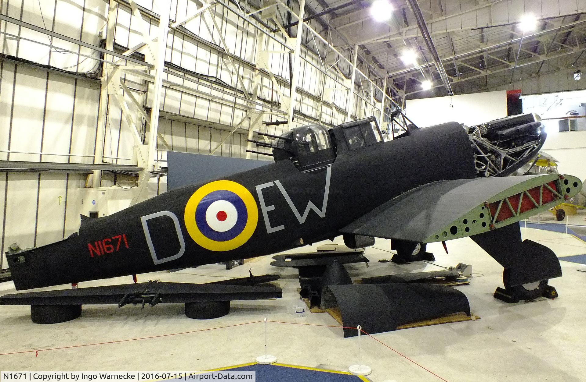 N1671, 1938 Boulton Paul Defiant I C/N Not found N1671, Boulton Paul Defiant I (getting dismantled for removal from the Battle of Britain Hall) at the RAF-Museum, Hendon
