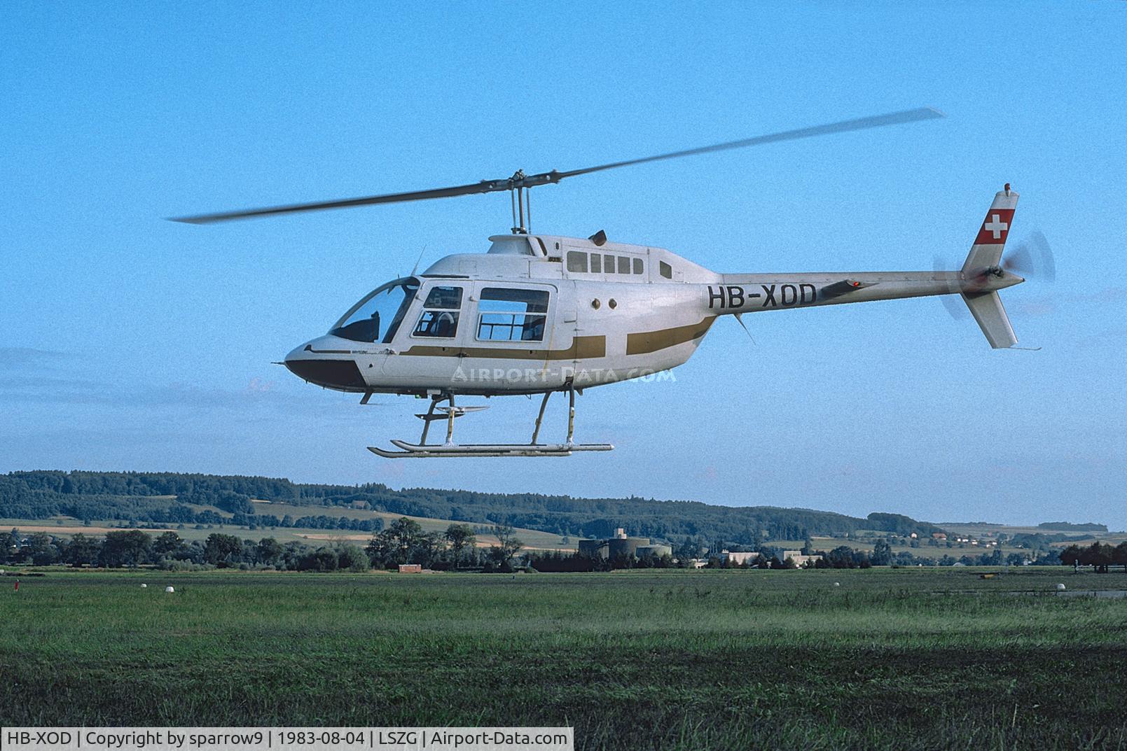HB-XOD, 1979 Agusta AB-206B JetRanger II C/N 8576, At Grenchen. Scanned from a slide.