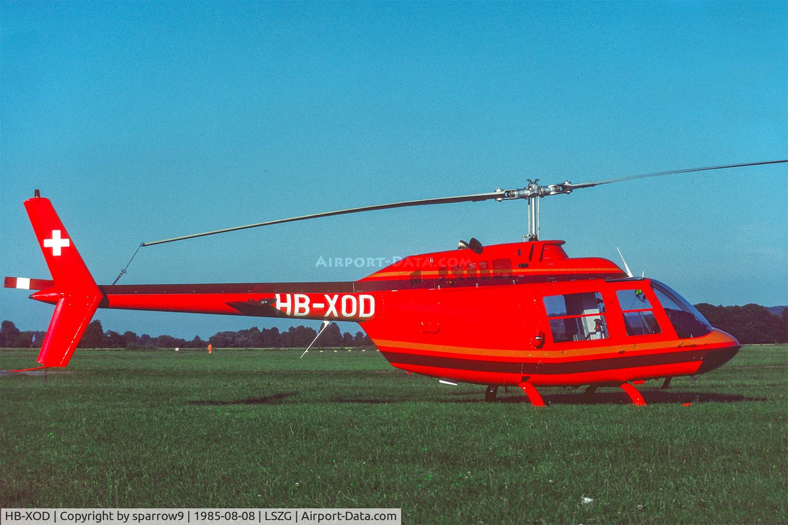 HB-XOD, 1979 Agusta AB-206B JetRanger II C/N 8576, At Grenchen. New Paint scheme. Scanned from a slide.