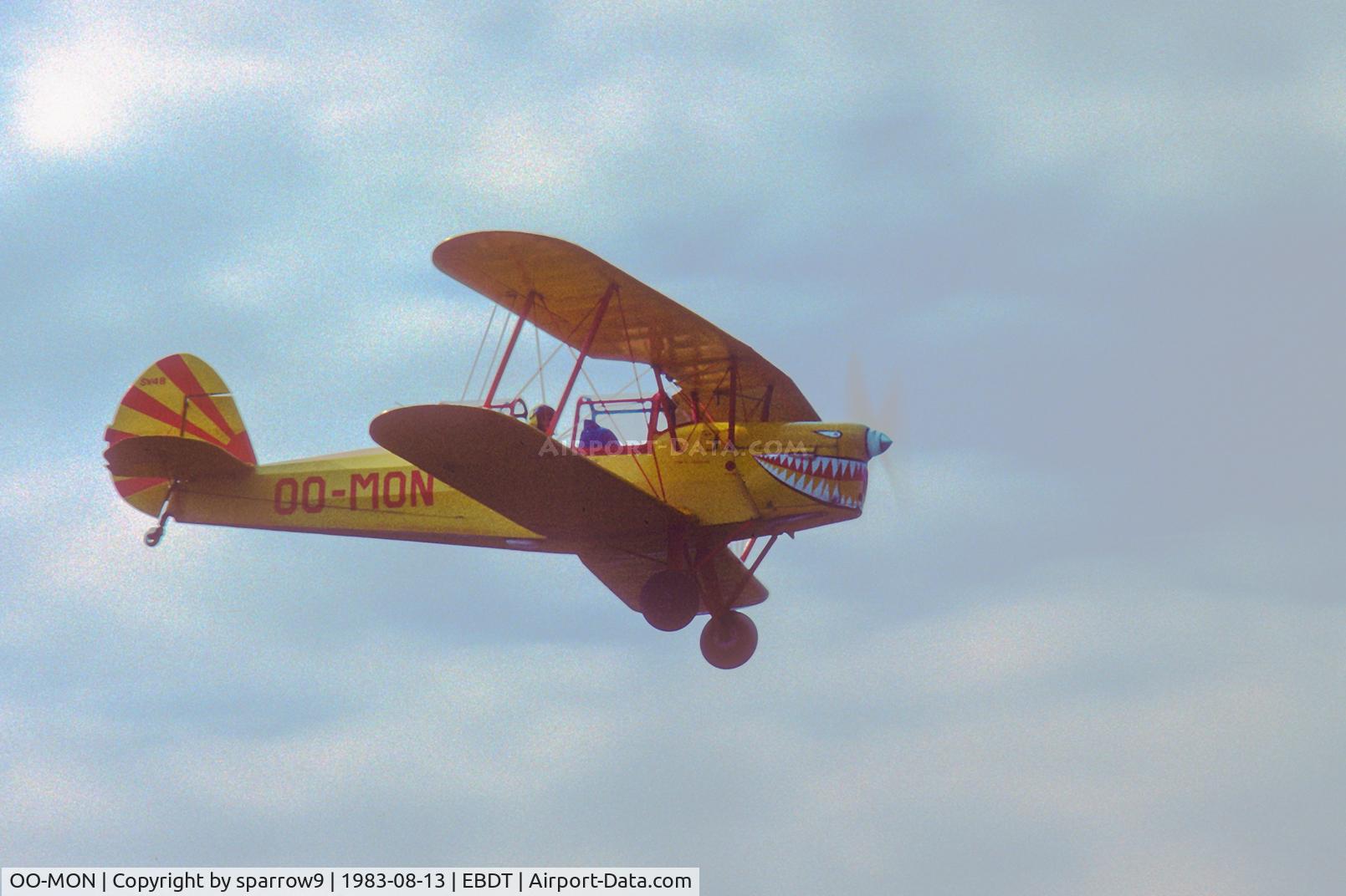 OO-MON, 1951 Stampe-Vertongen SV-4B C/N 1172, Flying overhead Schaffen-Diest Oldtimer Rally. Scanned from a slide