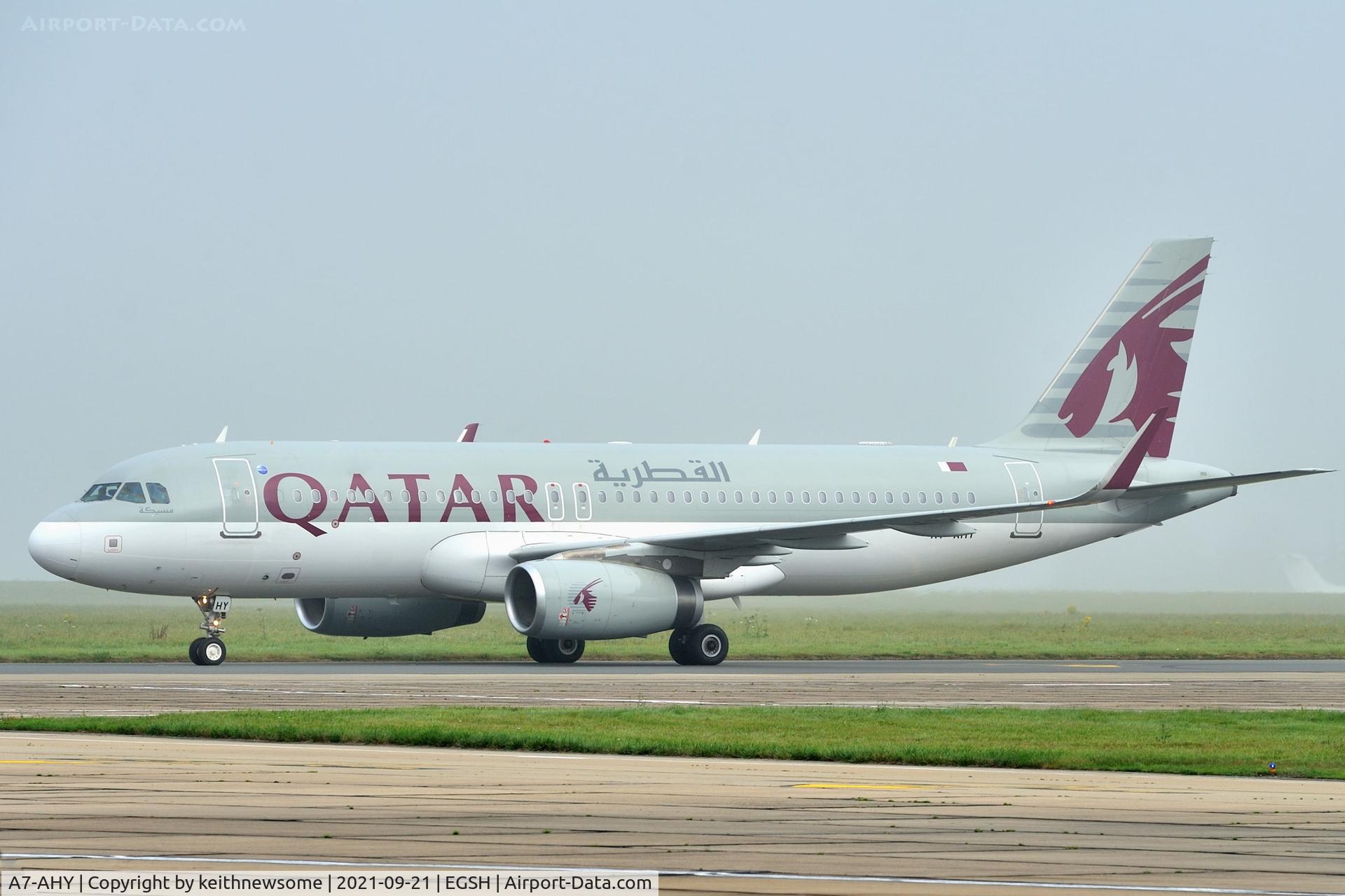 A7-AHY, 2012 Airbus A320-232 C/N 5395, Arriving at Norwich from Doha, Qatar.
