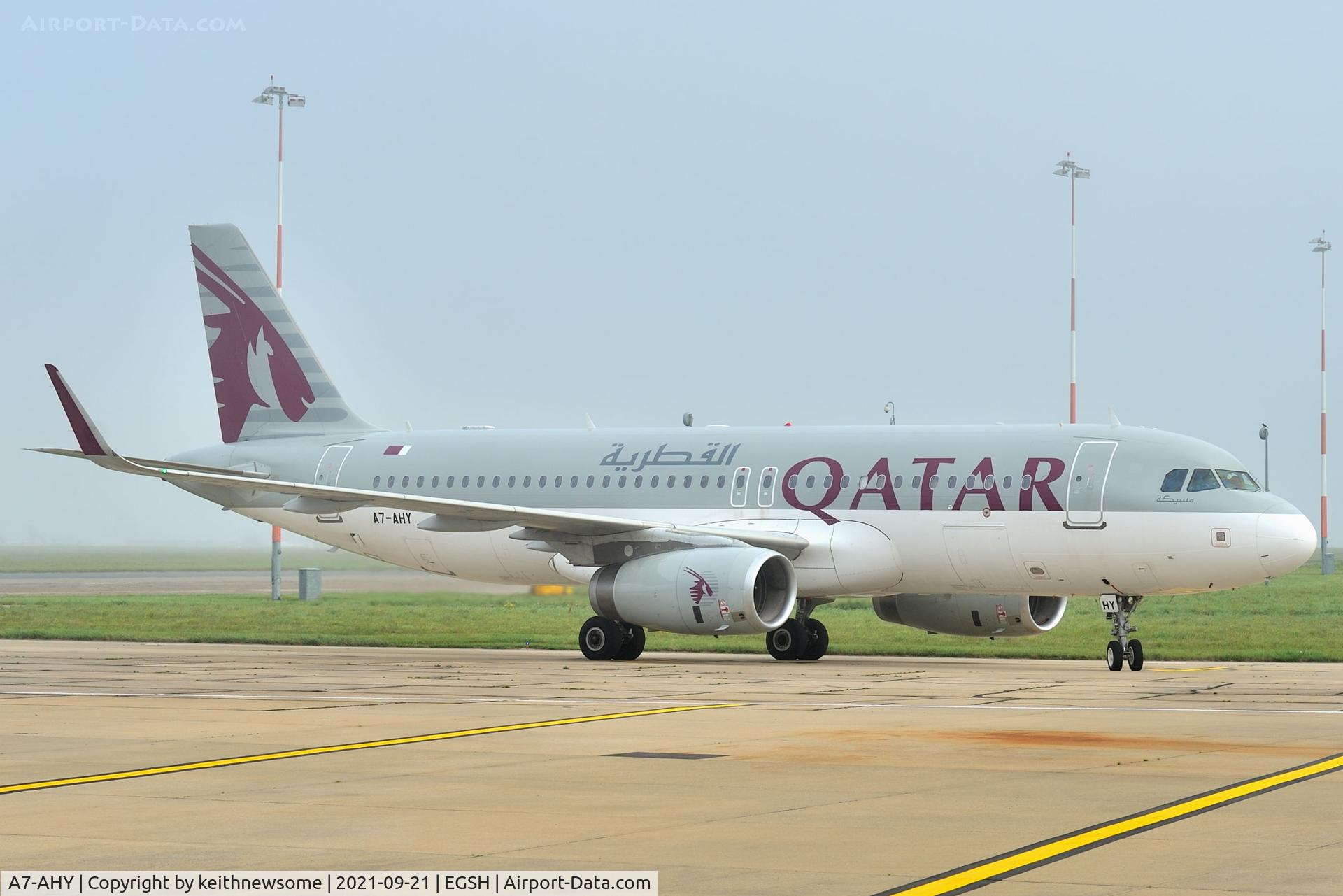 A7-AHY, 2012 Airbus A320-232 C/N 5395, Arriving at Norwich from Doha, Qatar.